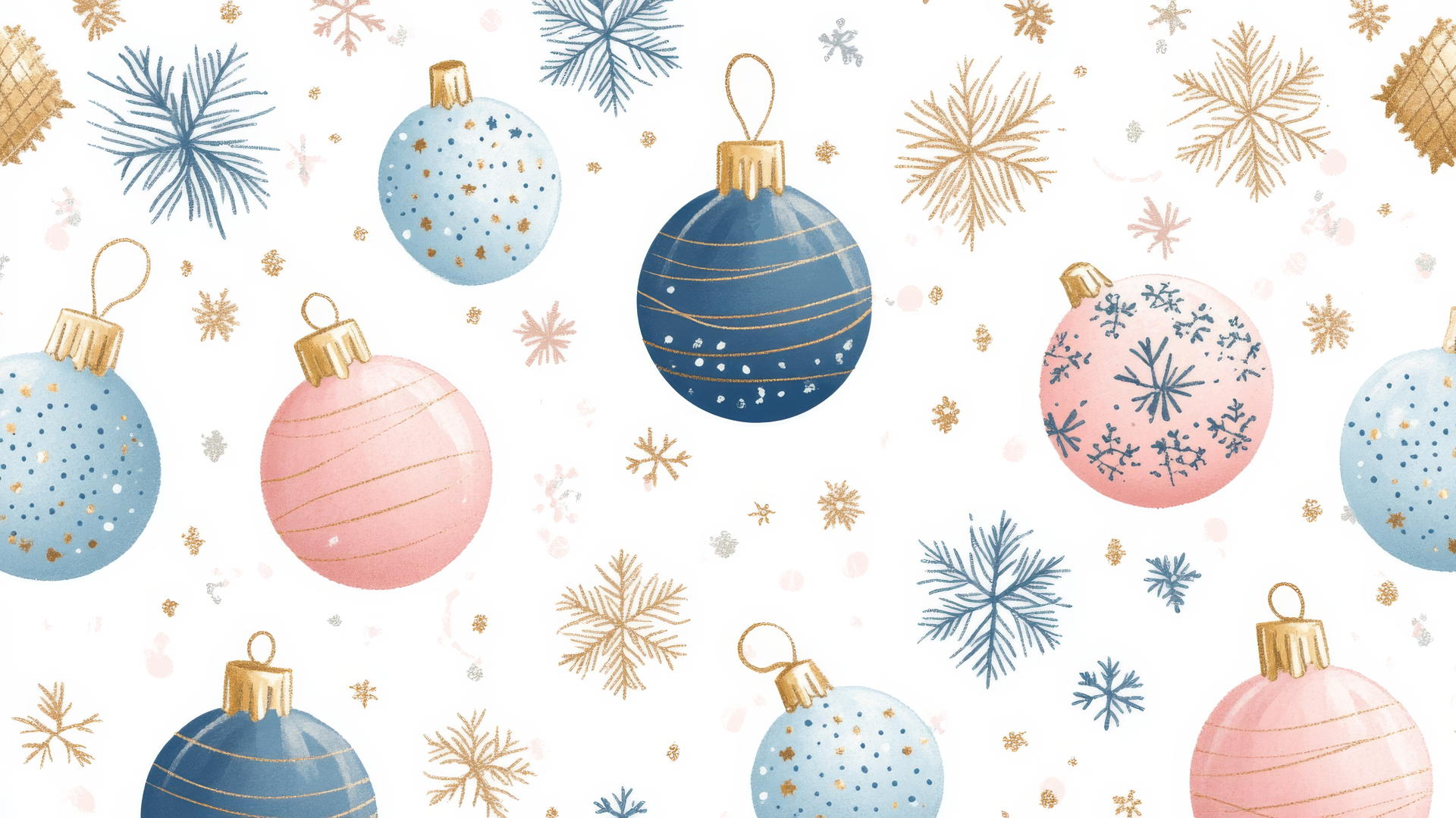 cute preppy Christmas wallpaper with pastel pink, blue, and gold ornaments and snowflakes