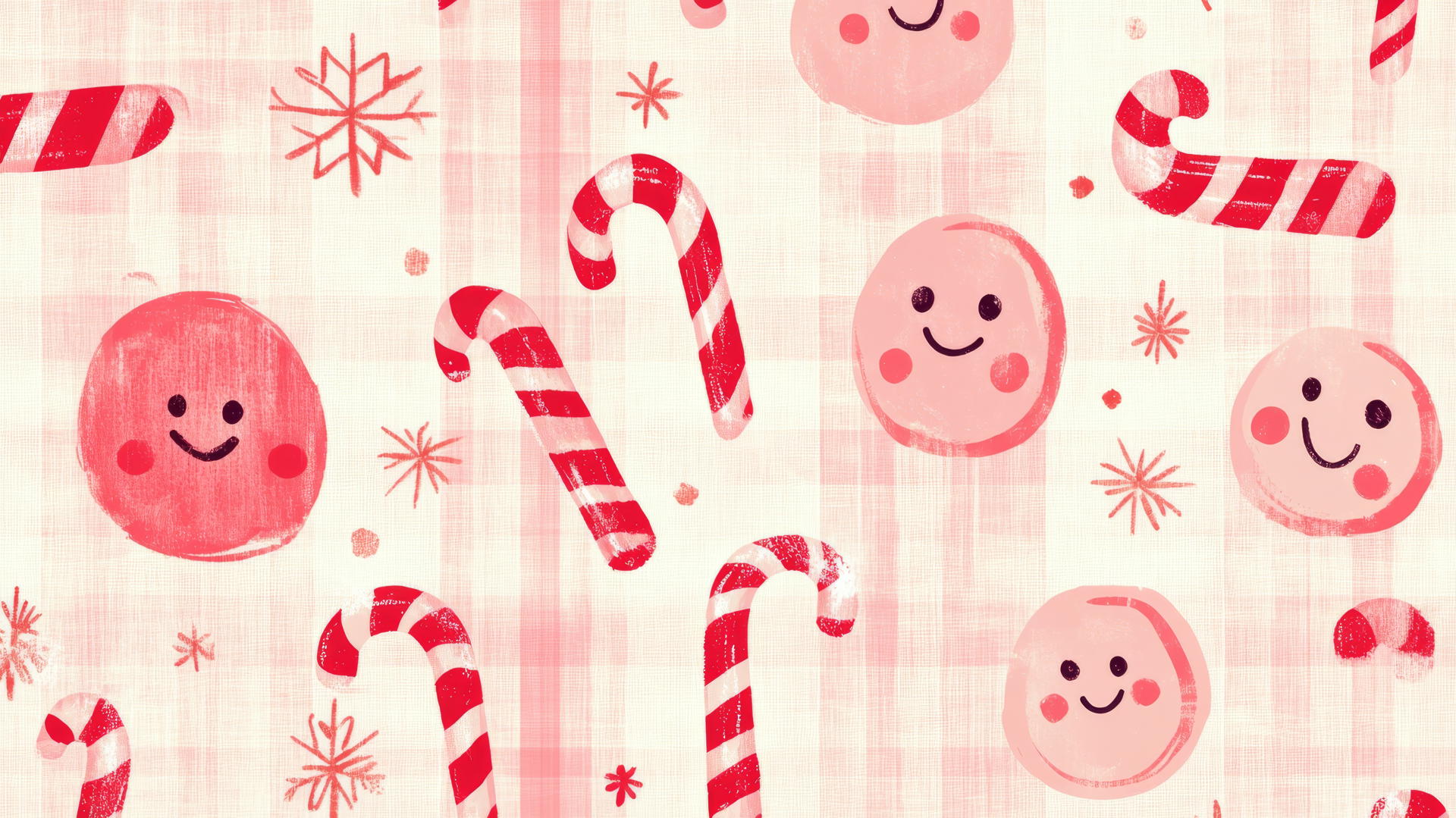 preppy wallpaper with retro Christmas pattern, candy canes, smiling faces, pink and red shades, pastel background