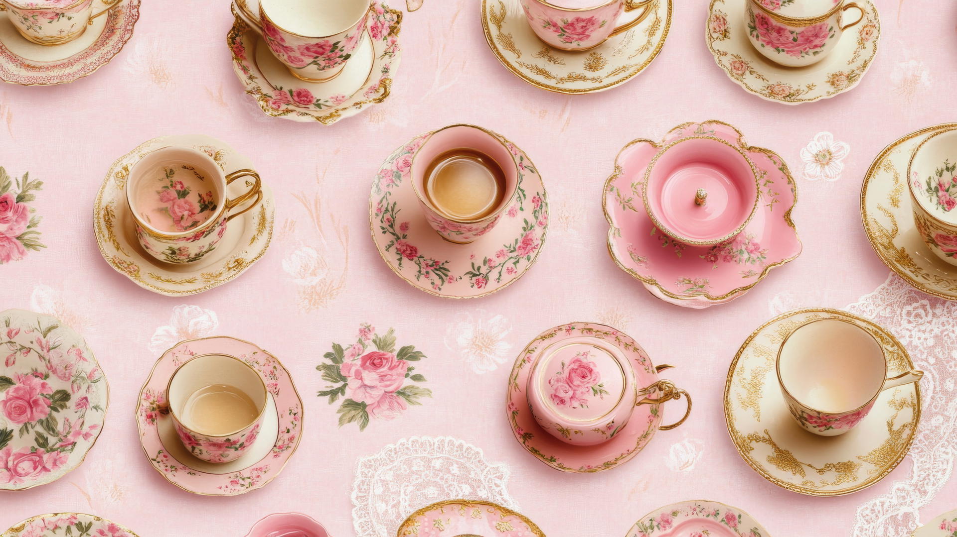 preppy wallpaper pink with floral tea sets and gold details