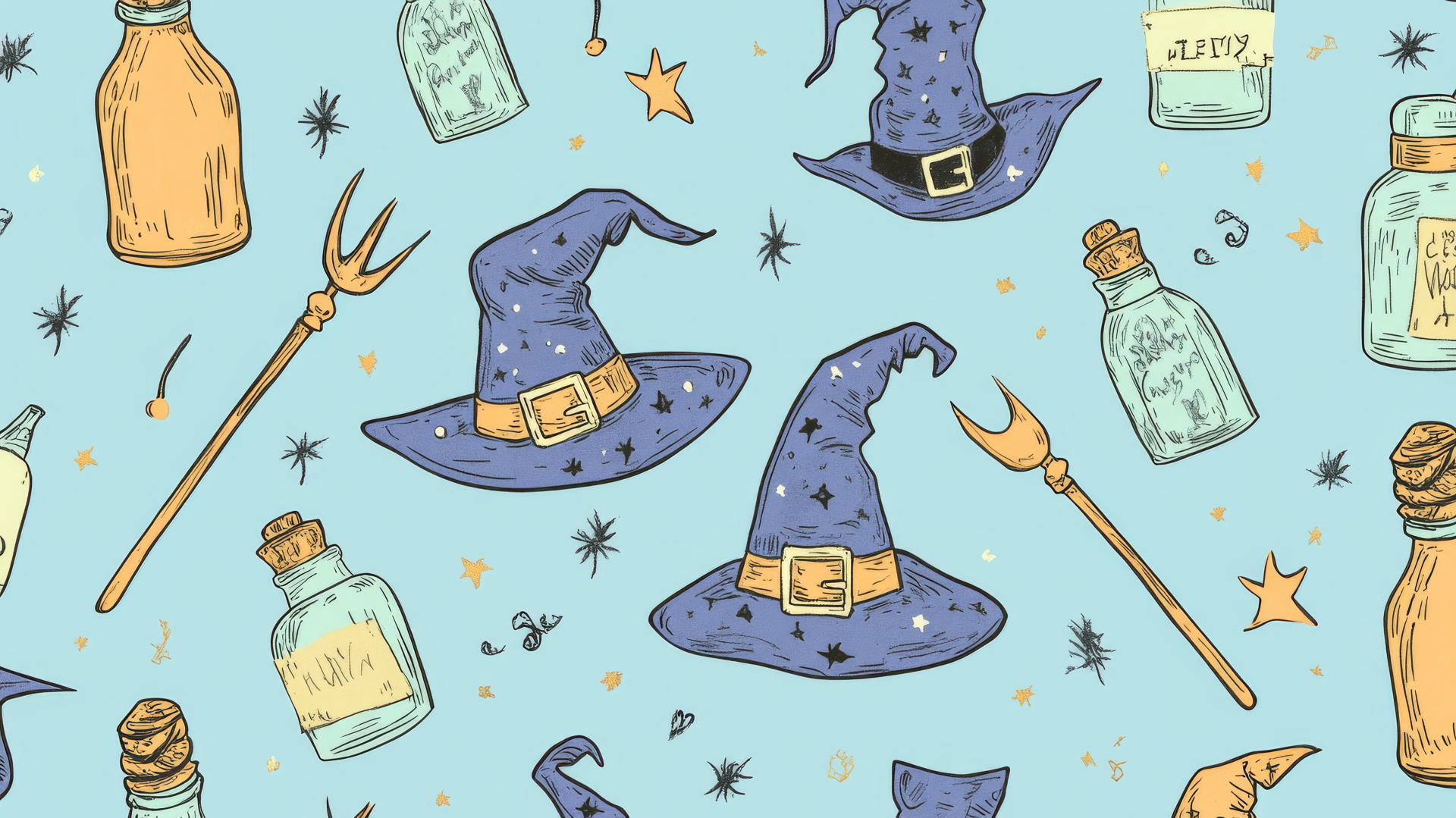halloween preppy wallpaper with pastel witches' hats, potion bottles, and wands on blue