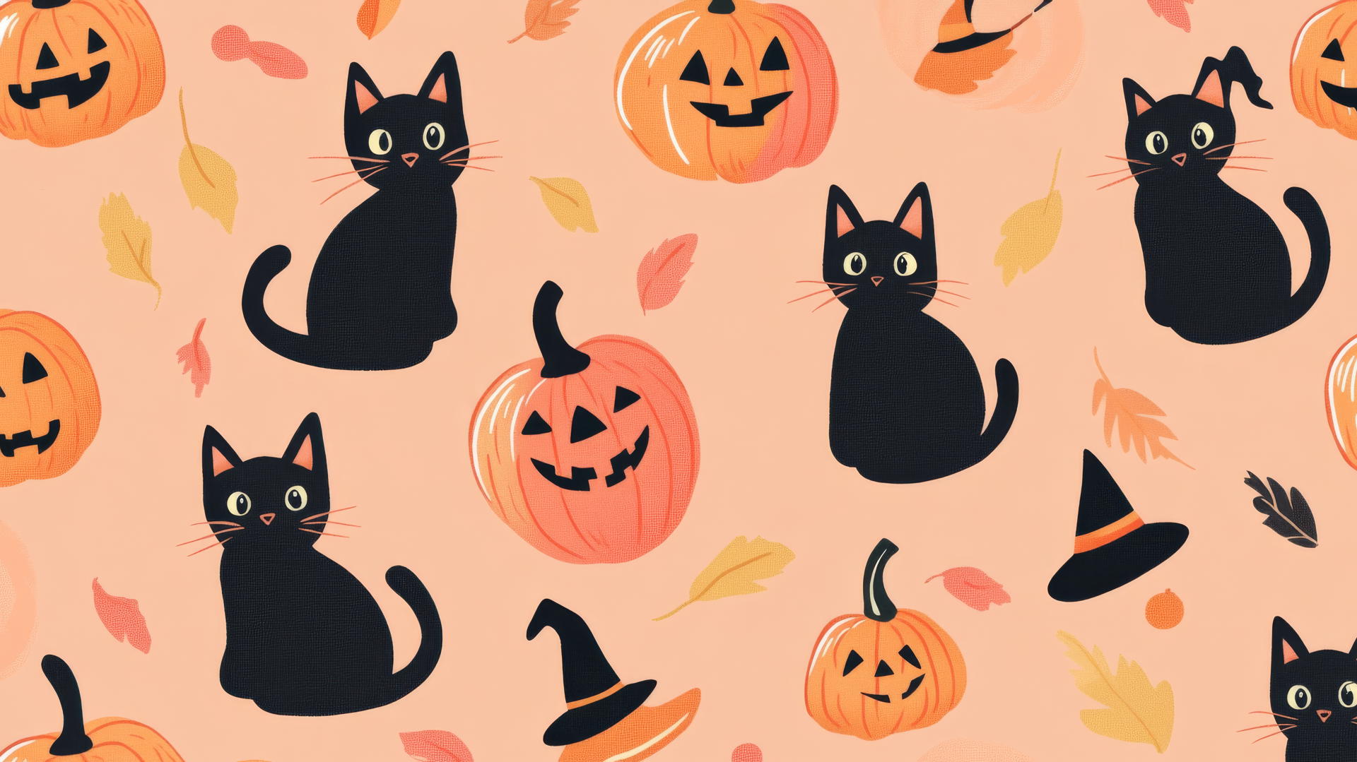 Preppy wallpaper Halloween with cute black cats, pumpkins, and witch hats on pastel peach background