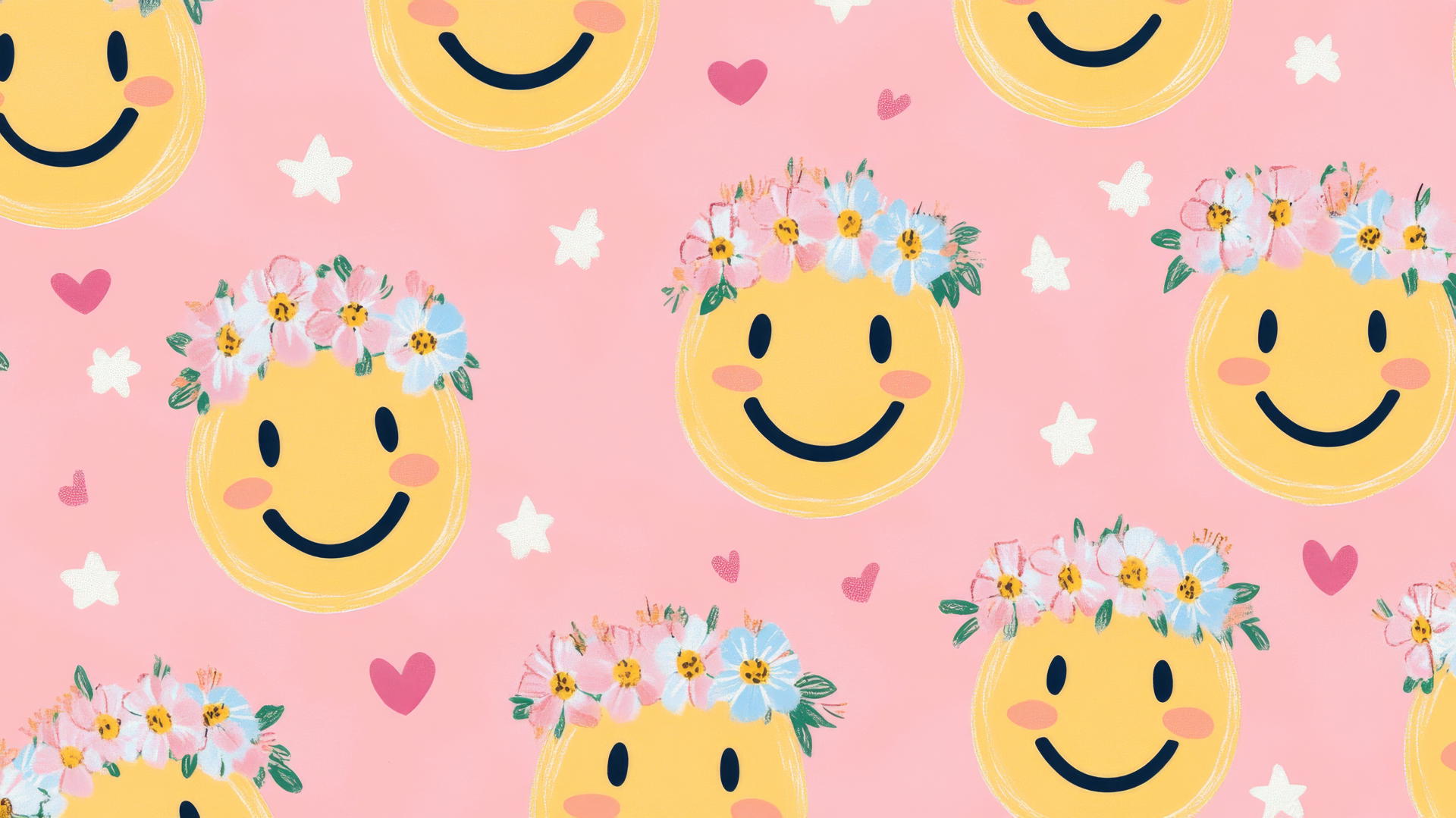 Preppy wallpaper smiley face with flower crowns on pastel pink