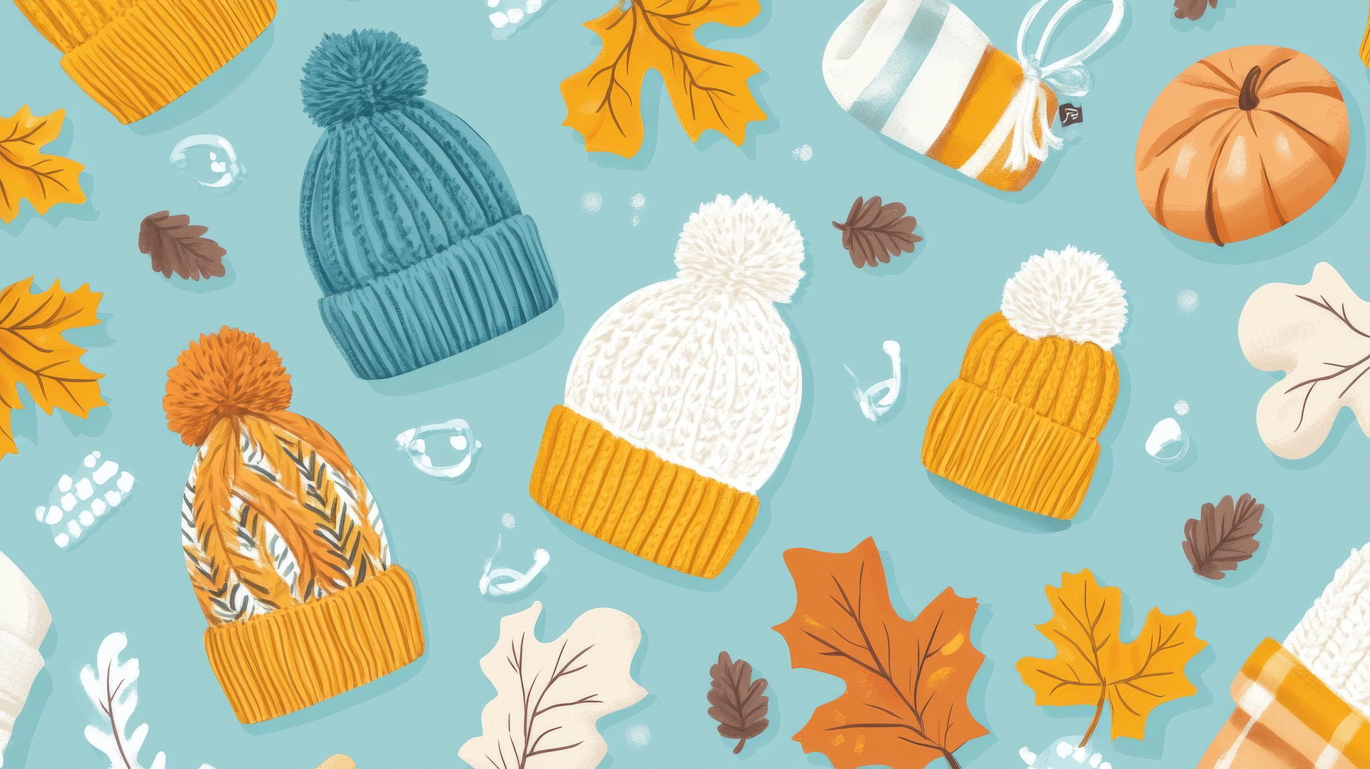 Preppy fall wallpaper with knit hats, mittens, and scarves on pastel teal