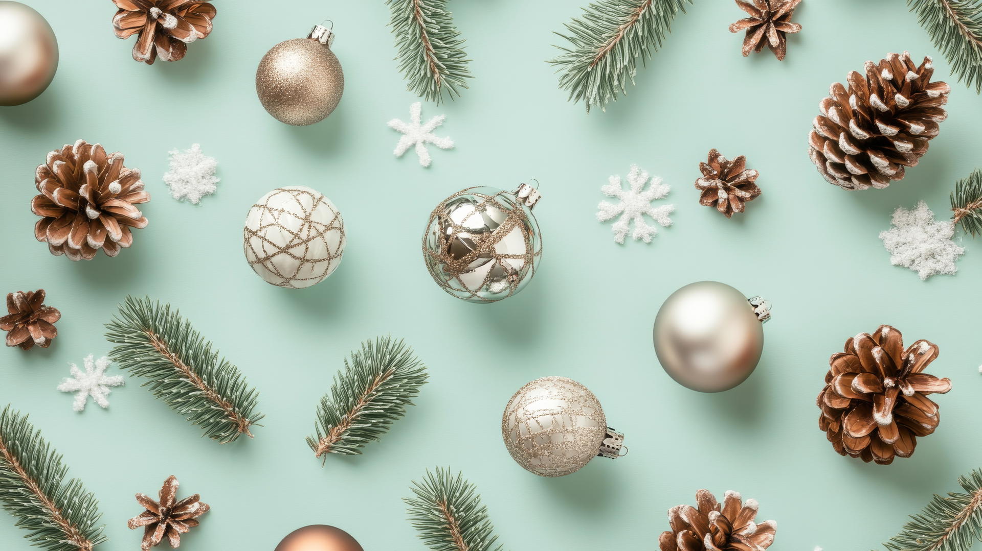 Preppy winter wallpaper with shiny holiday ornaments and pinecones on pastel green