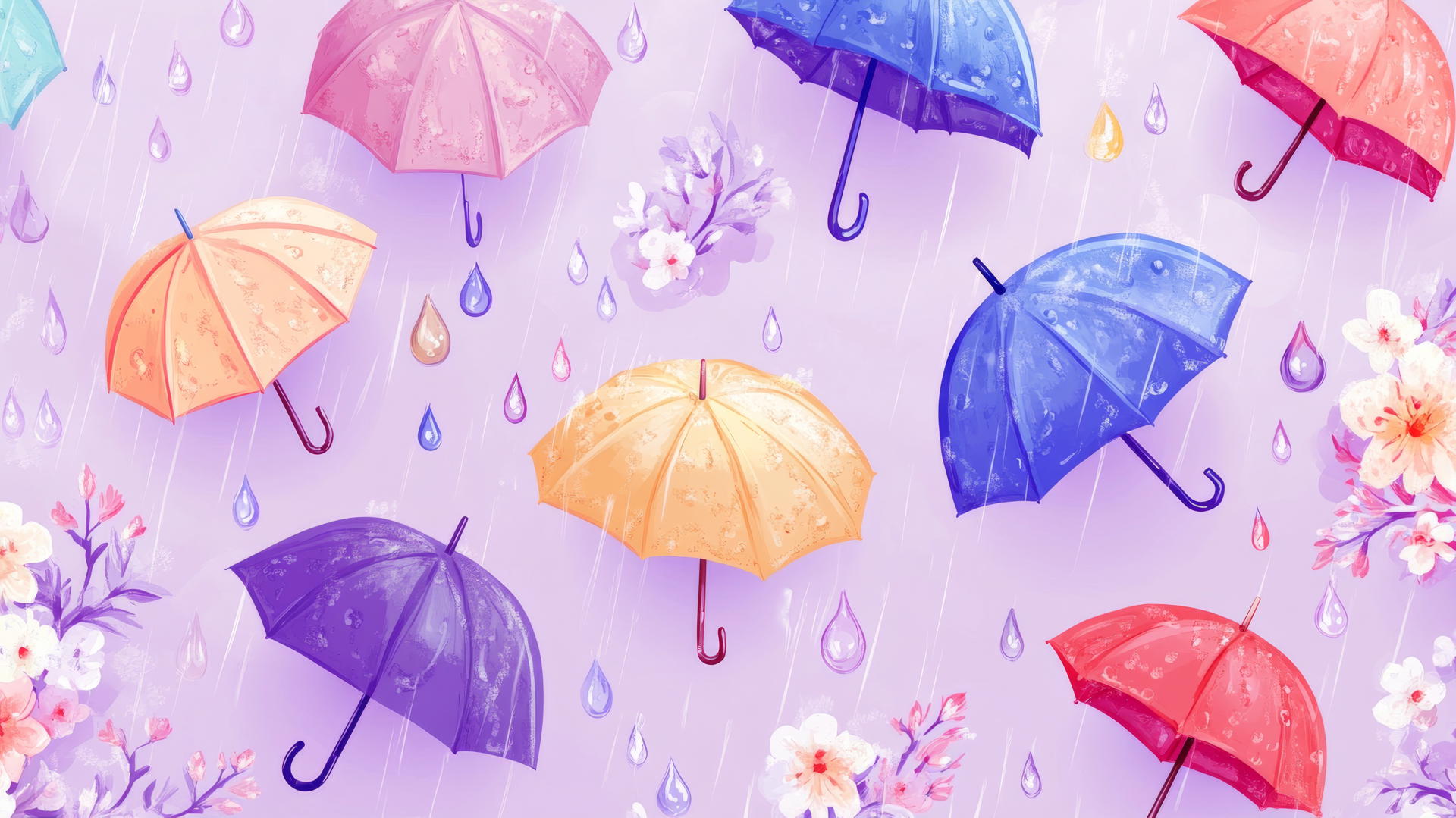 preppy spring wallpaper with colorful umbrellas, raindrops, and blooming flowers on lavender