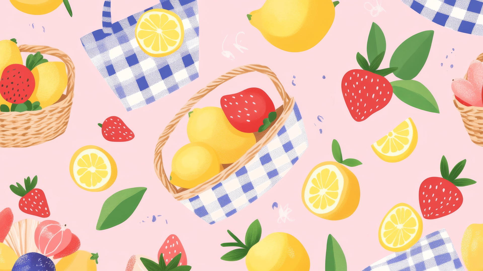preppy spring wallpaper with picnic baskets, gingham blankets, strawberries, and lemons