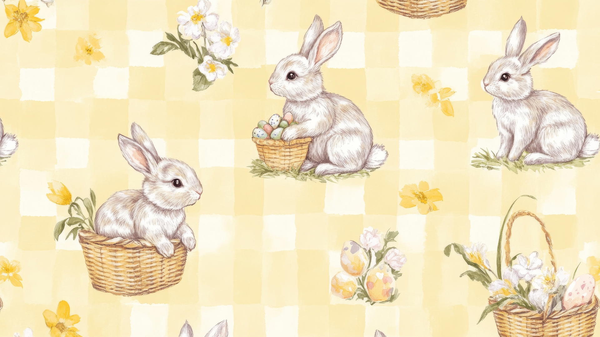 preppy easter wallpaper with gingham print bunnies, Easter baskets, and flowers