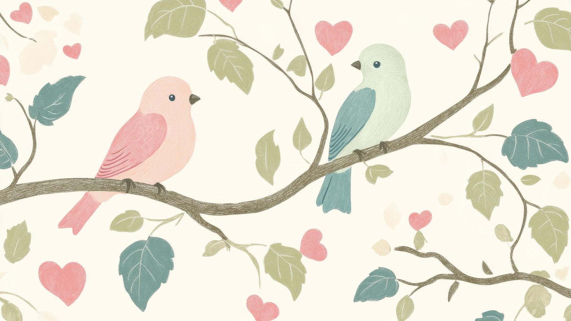 Preppy valentines wallpaper with cute lovebirds on heart-shaped leaf branches