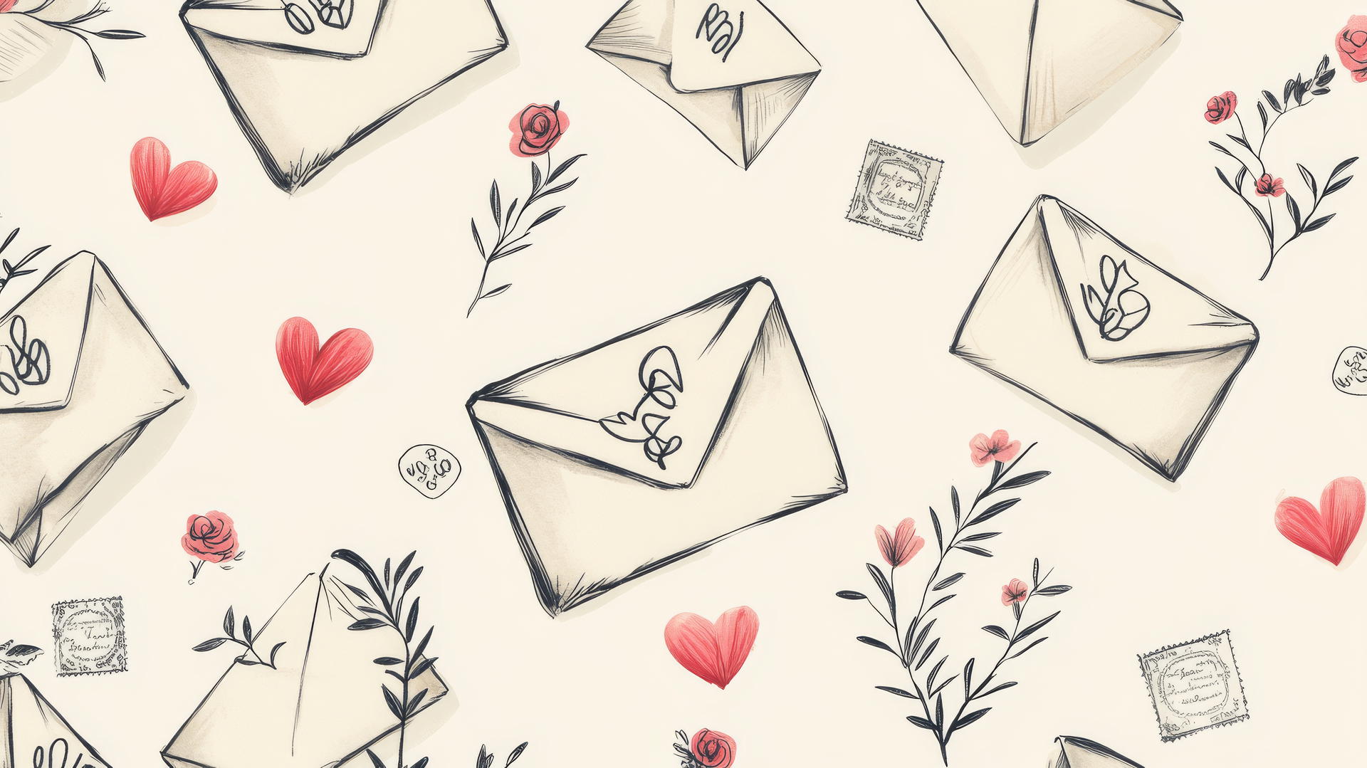 vintage-style preppy valentines wallpaper with hand-drawn envelopes, love letters, red and pink hearts, on a cream background