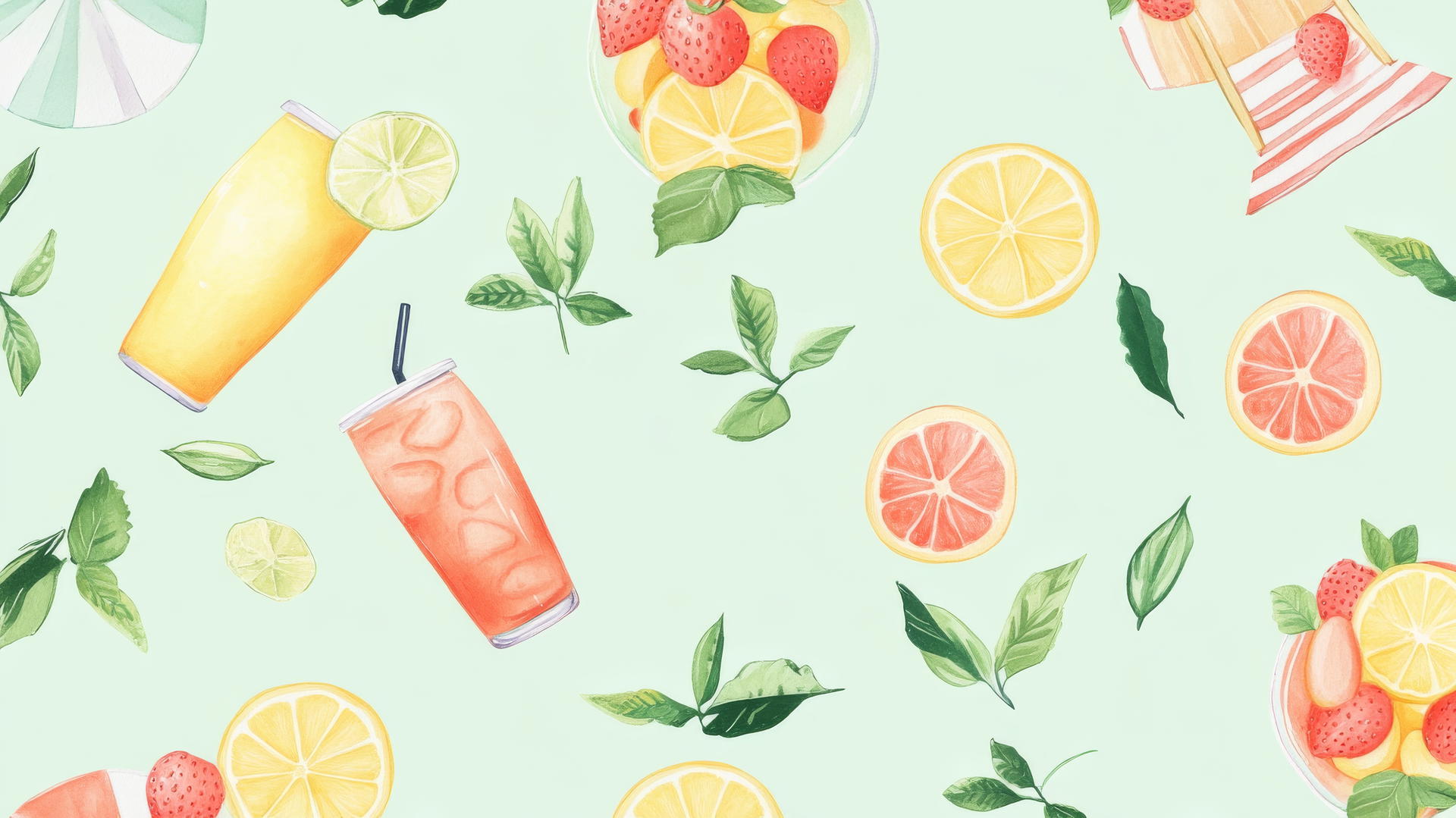 Preppy beach wallpaper with lemonade stands, fresh fruit, beach hats, chairs, and umbrellas.