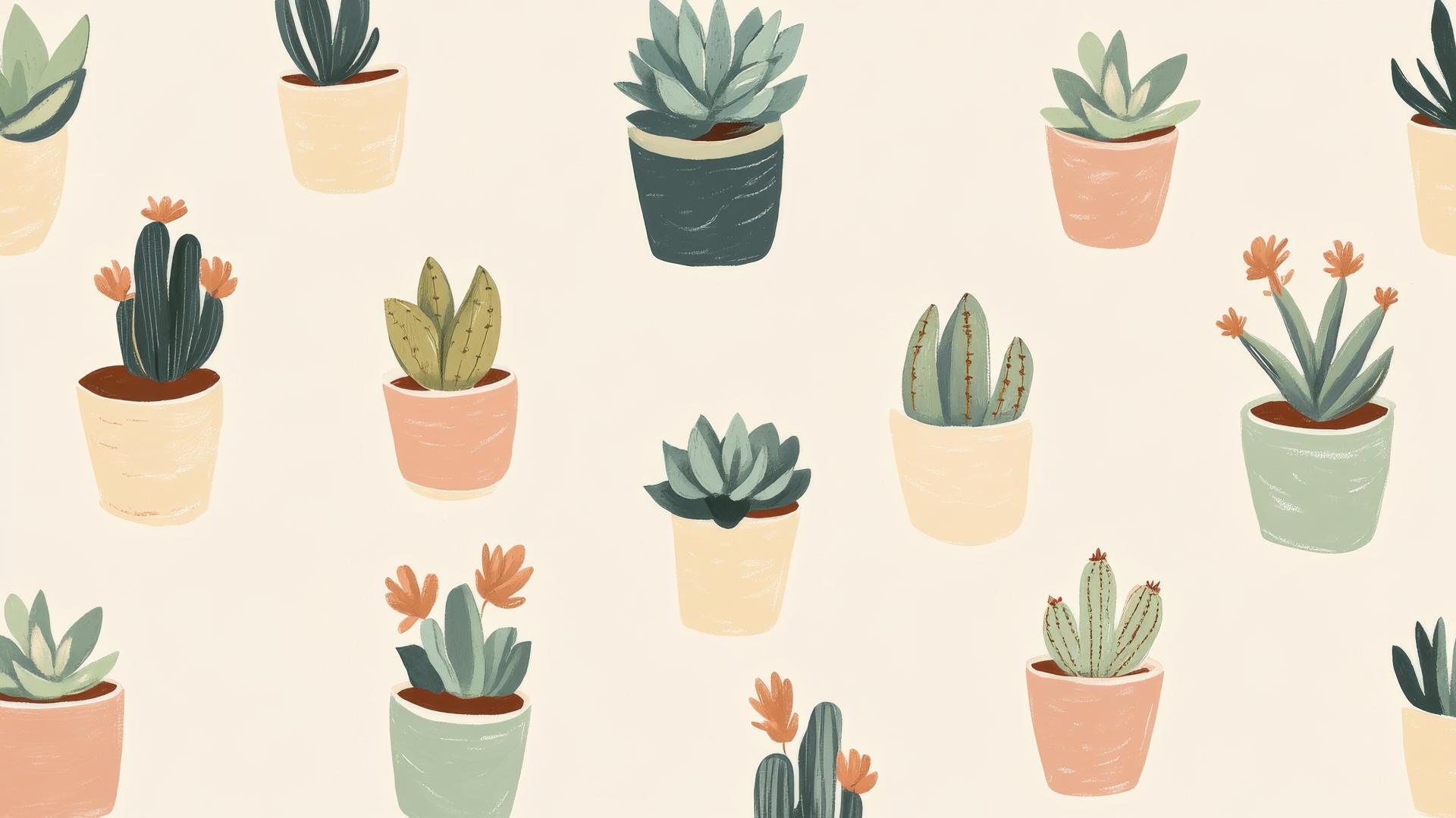 cute aesthetic wallpapers with hand-drawn succulents and cacti in pastel pots on light beige background