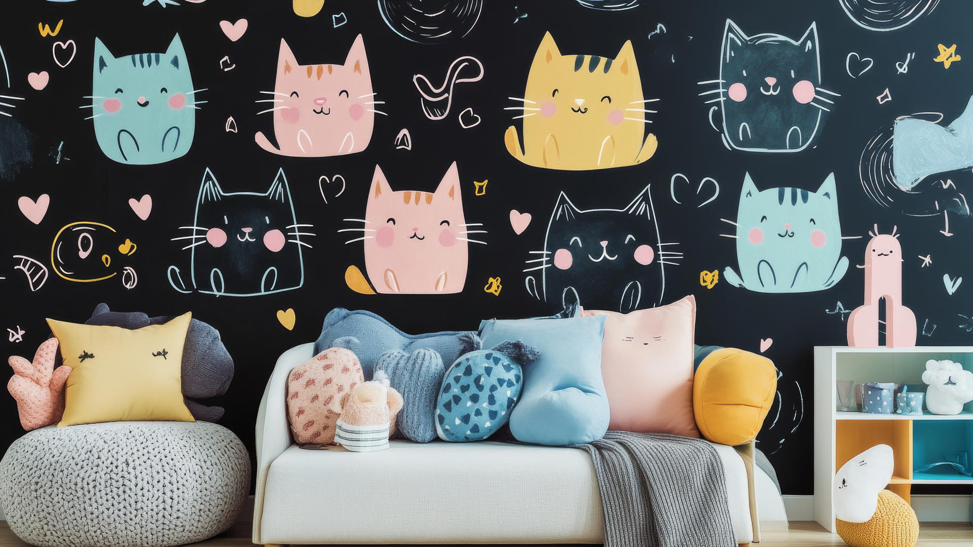 black wallpaper for girls with cute cartoon cats and whimsical pastel doodles