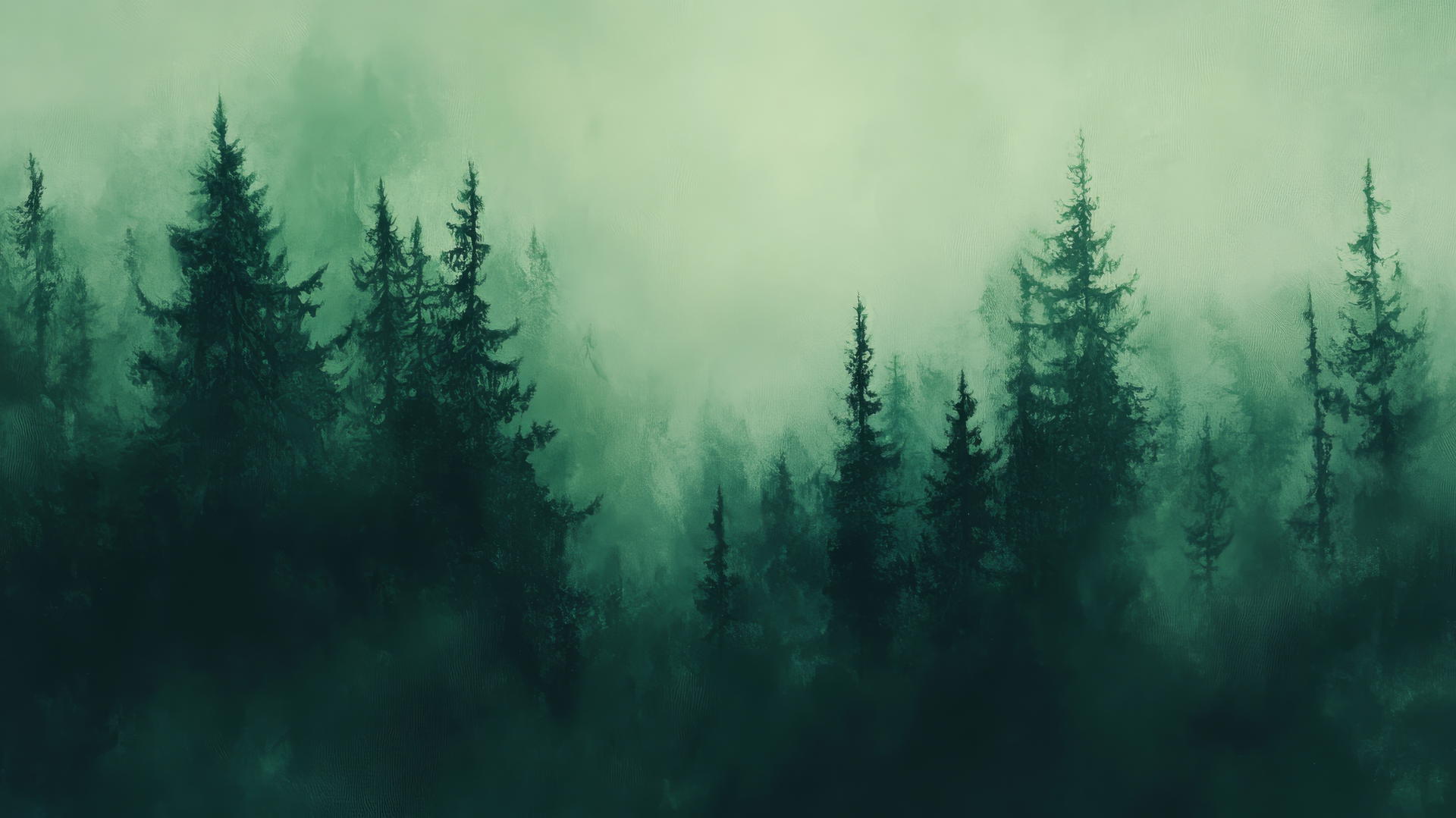 A serene emerald green wallpaper with minimalist forest trees and soft mist
