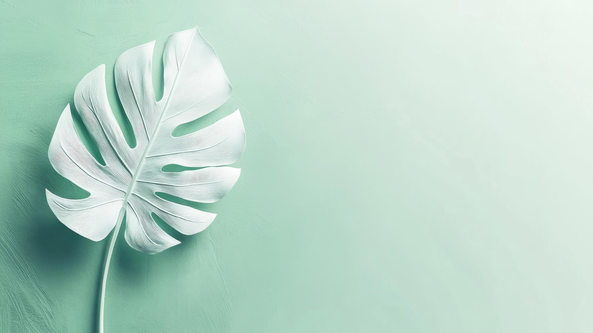 light green wallpaper with white silhouette of monstera leaf