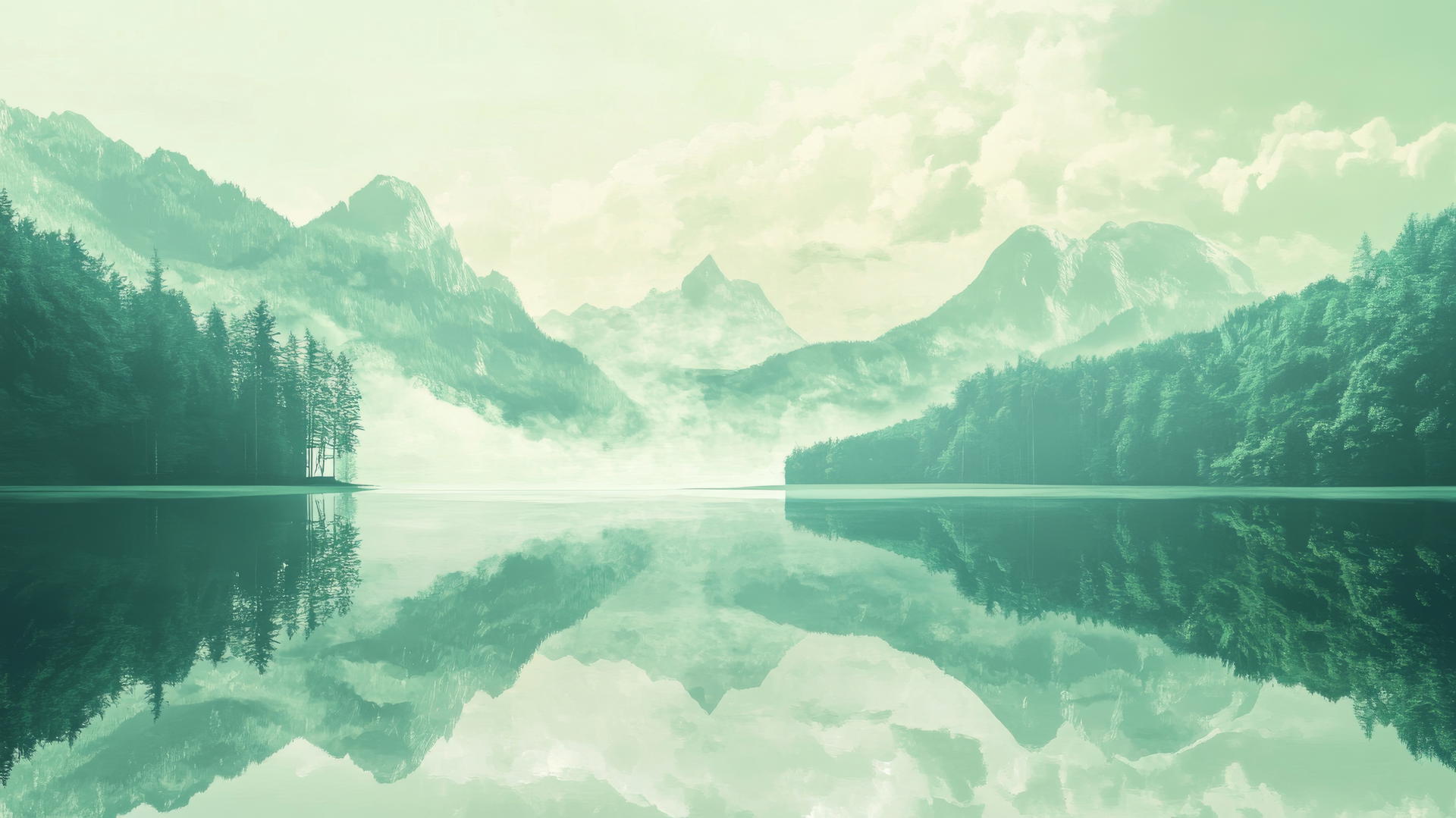 Green aesthetic wallpaper with serene mountain landscape and still lake reflection.