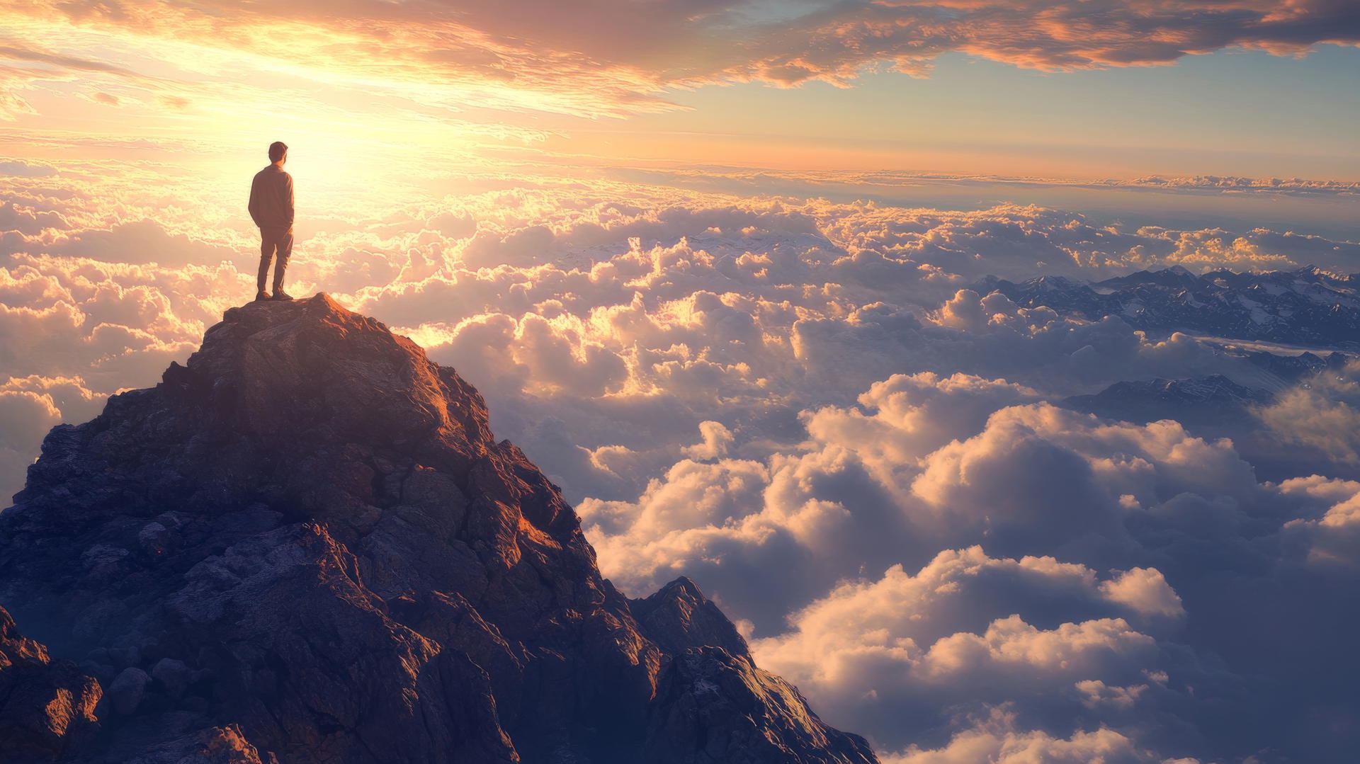 wallpaper messi 4k, Messi standing on a mountain, golden dawn light, clouds, horizon