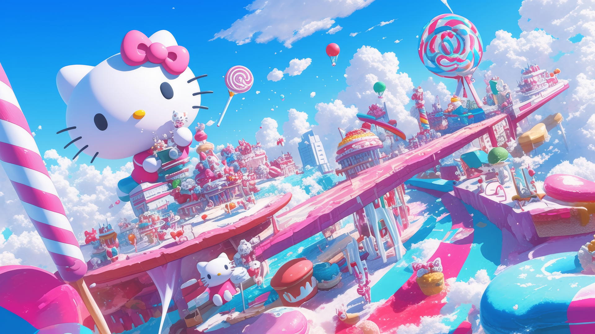 Y2K Hello Kitty wallpaper aesthetic with sugary treats and lollipops in a candy land