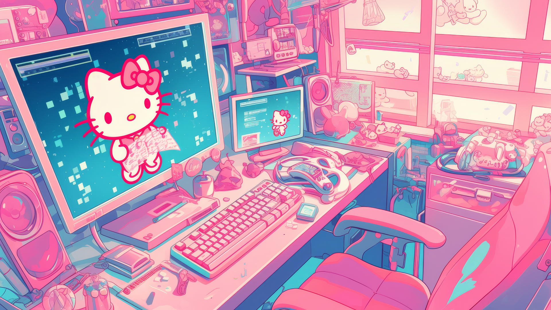 Y2K Hello Kitty wallpaper aesthetic with retro computer interface