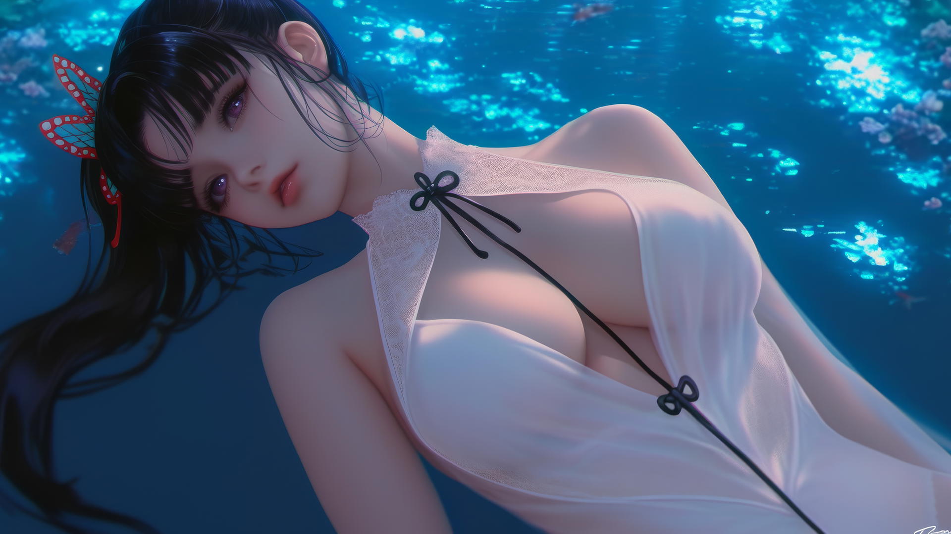Kanao Tsuyuri kneeling with warm light highlighting her legs, butterfly hair ornament, and gentle dark lilac eyes.