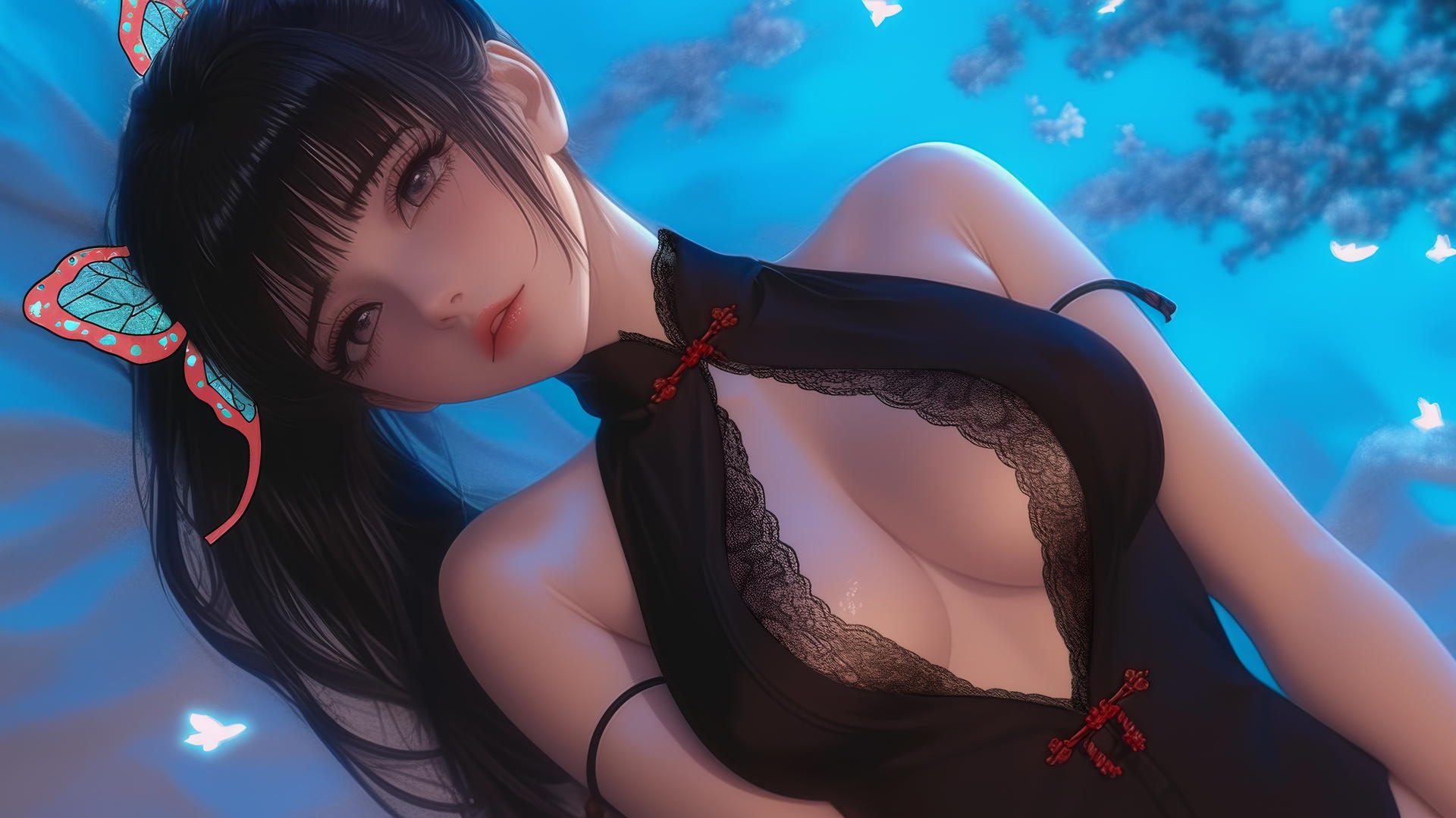 Kanao Tsuyuri kneeling with warm light highlighting her, dark lilac eyes, butterfly hair ornament.