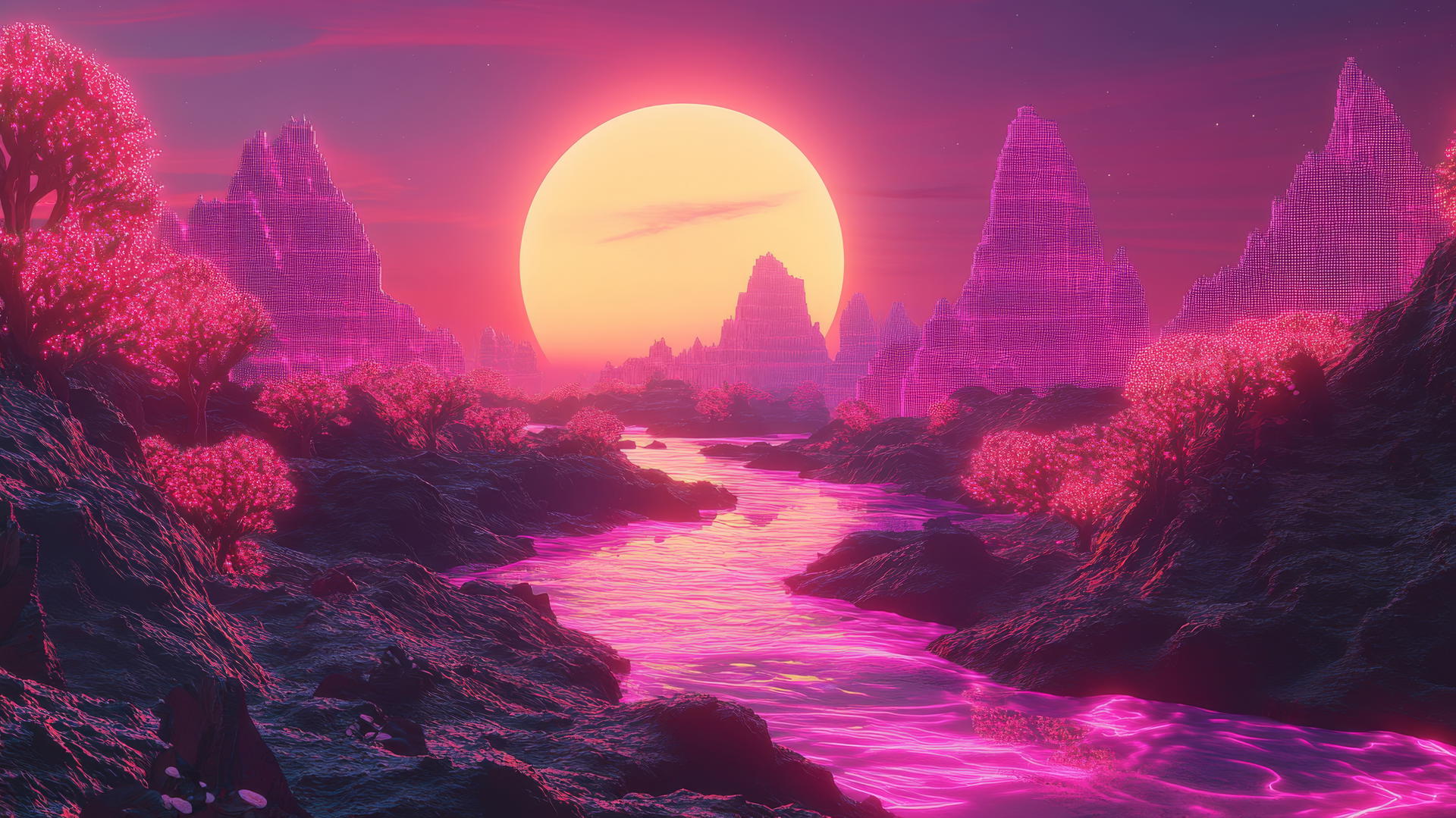 pink y2k wallpaper with holographic mountains, neon trees, pixelated river, and digital sun