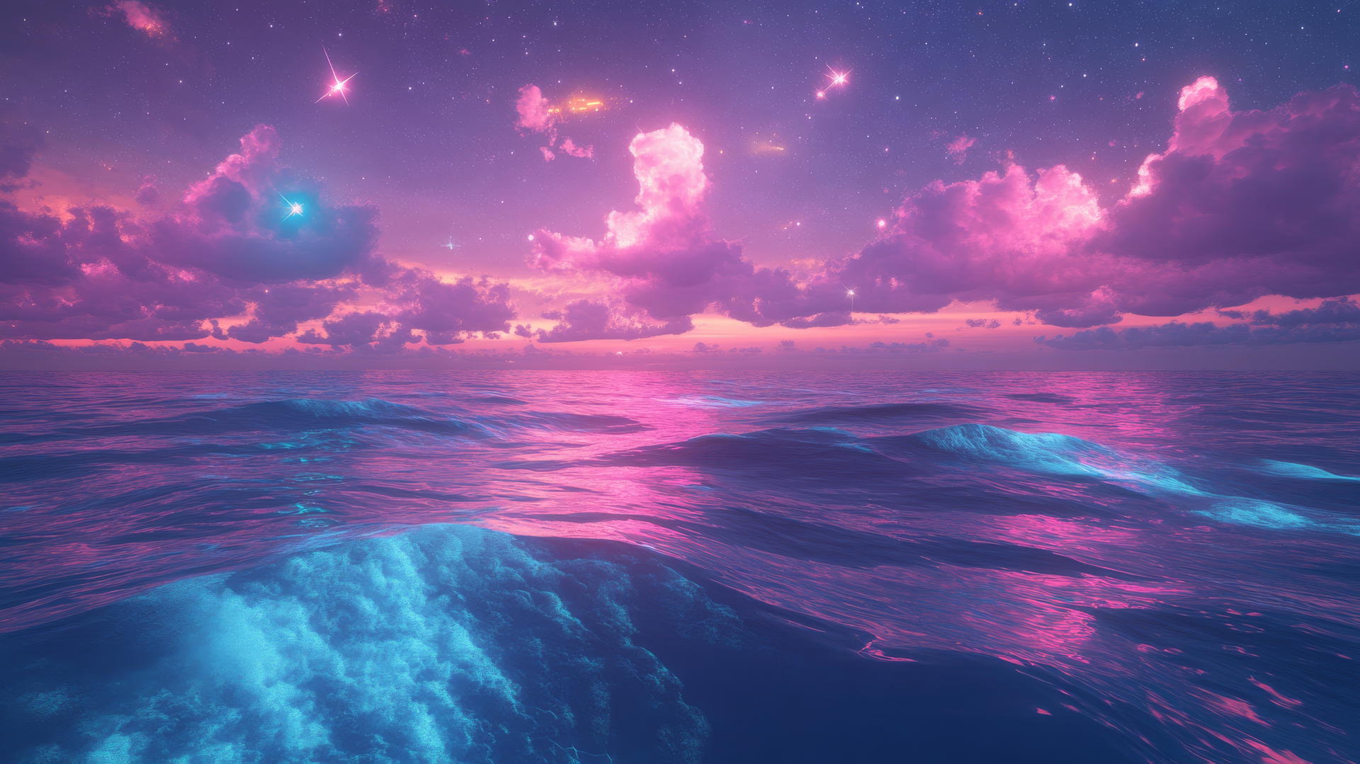 Cyber Y2K star wallpaper with digital ocean, neon star reflections, glitch effects