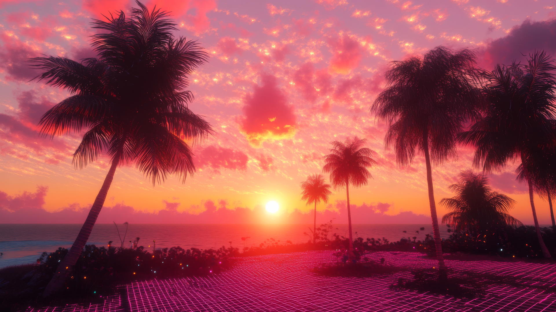 Wallpaper Y2K with neon sunset, retro palm trees, holographic grid