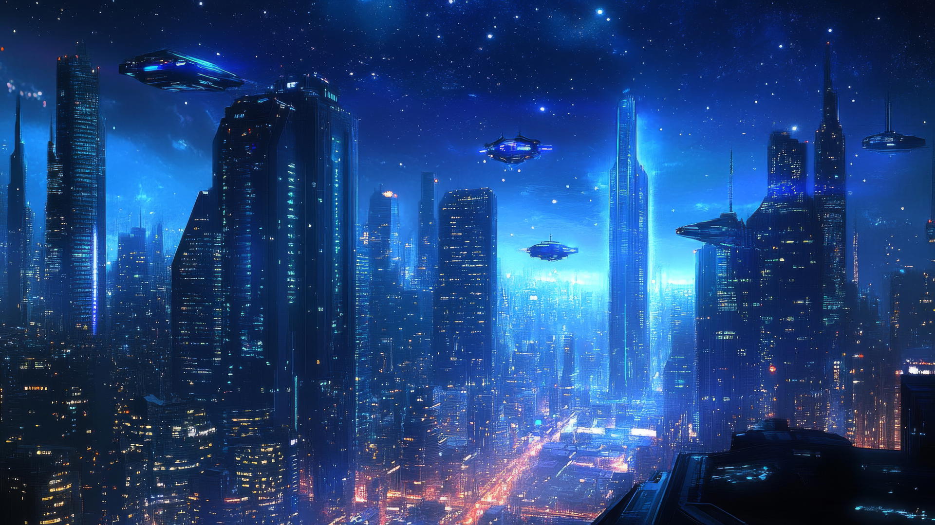 blue wallpaper with futuristic cityscape, blue neon lights, towering skyscrapers, and flying vehicles