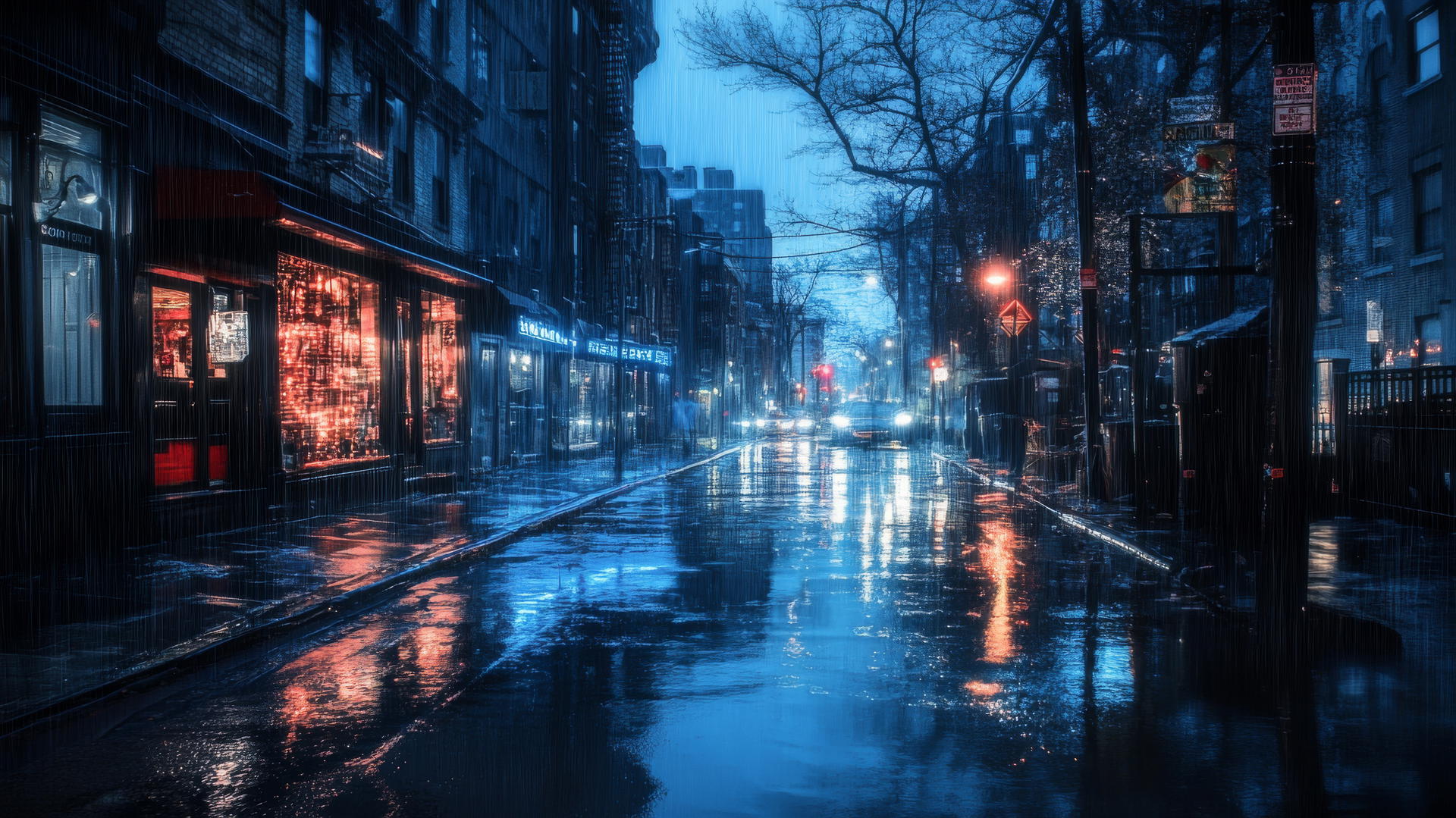 wallpaper blue of a rainy city street with shimmering reflections