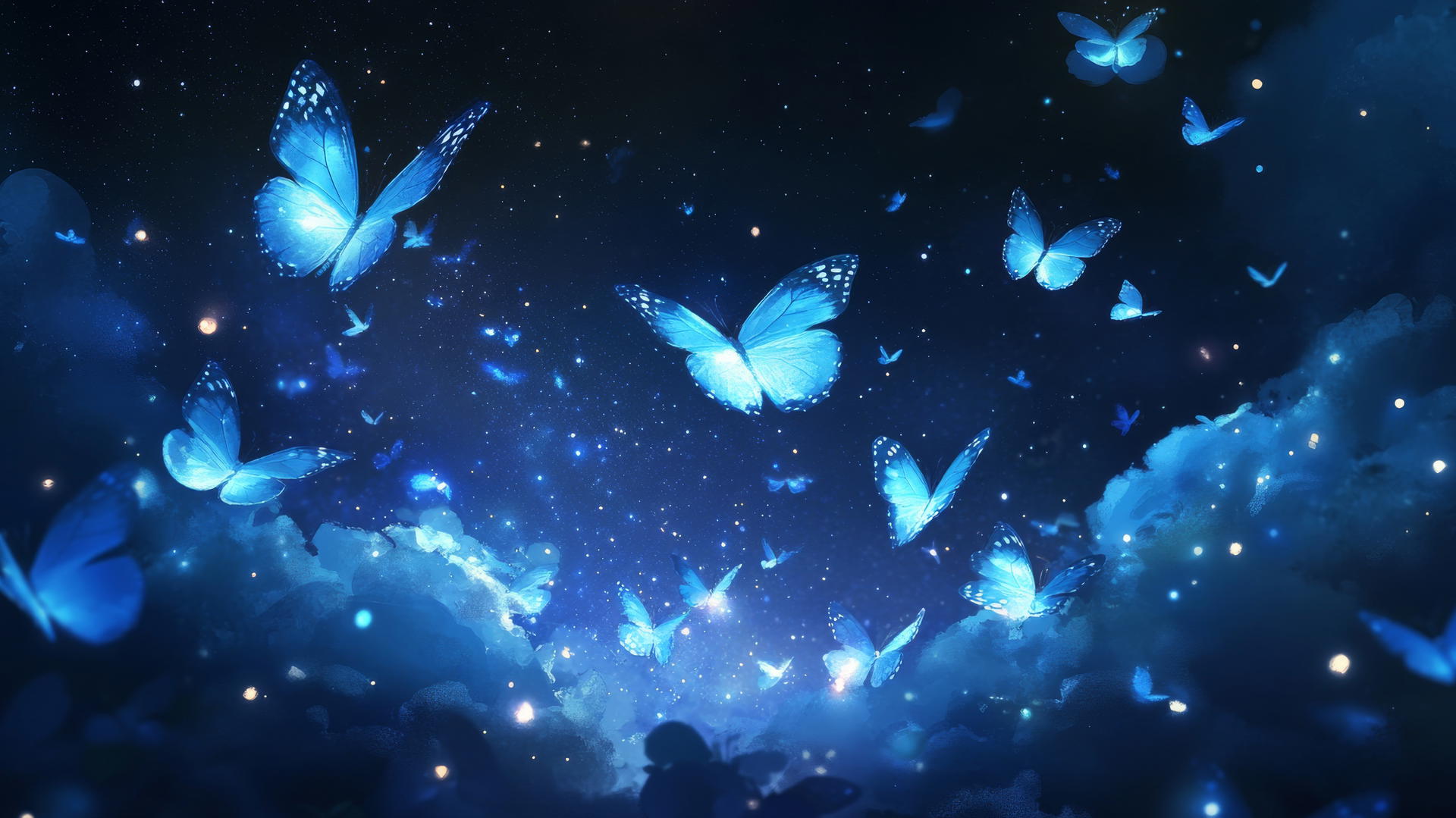 blue butterfly wallpaper with butterflies glowing in a starry night sky