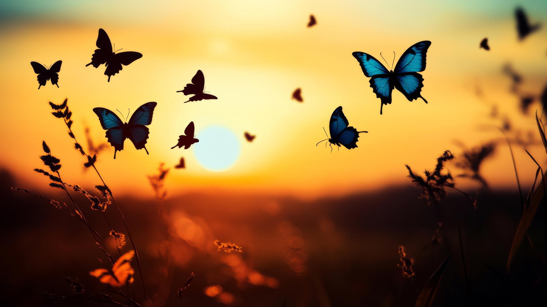 blue butterfly wallpaper silhouettes against a warm sunset sky