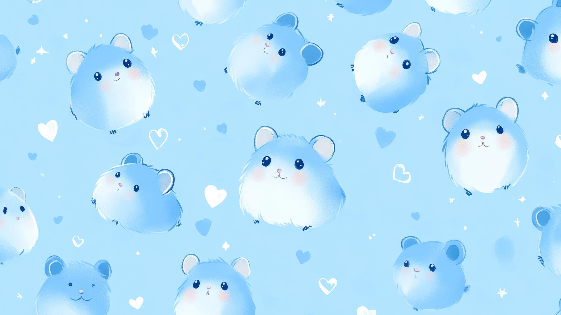 cute blue wallpaper with hamsters peeking out from hideaways, hearts, and doodles