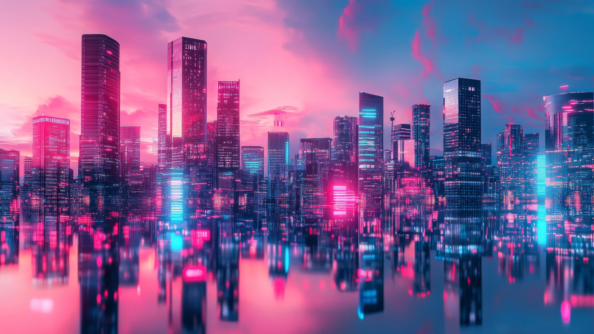 pink and blue wallpaper of futuristic cityscape with neon-lit buildings