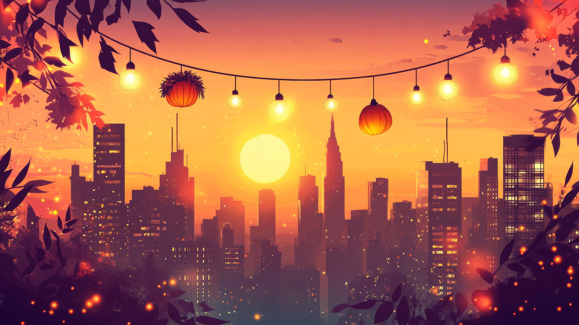 thanksgiving wallpaper, city skyline at sunset with hanging lights, pumpkins, fall wreaths on buildings