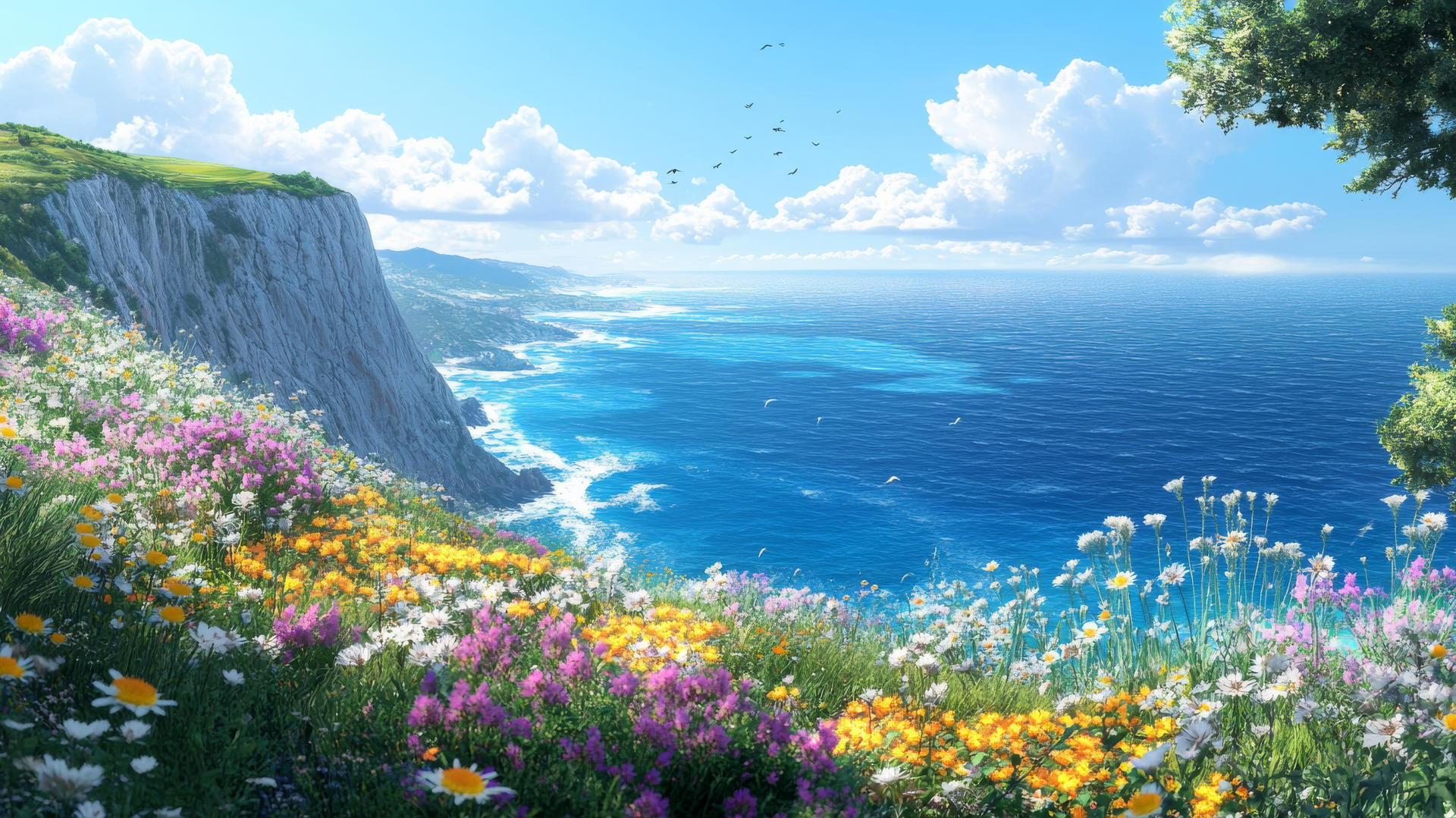 summer aesthetic wallpaper of coastal cliffside, wildflowers, ocean view