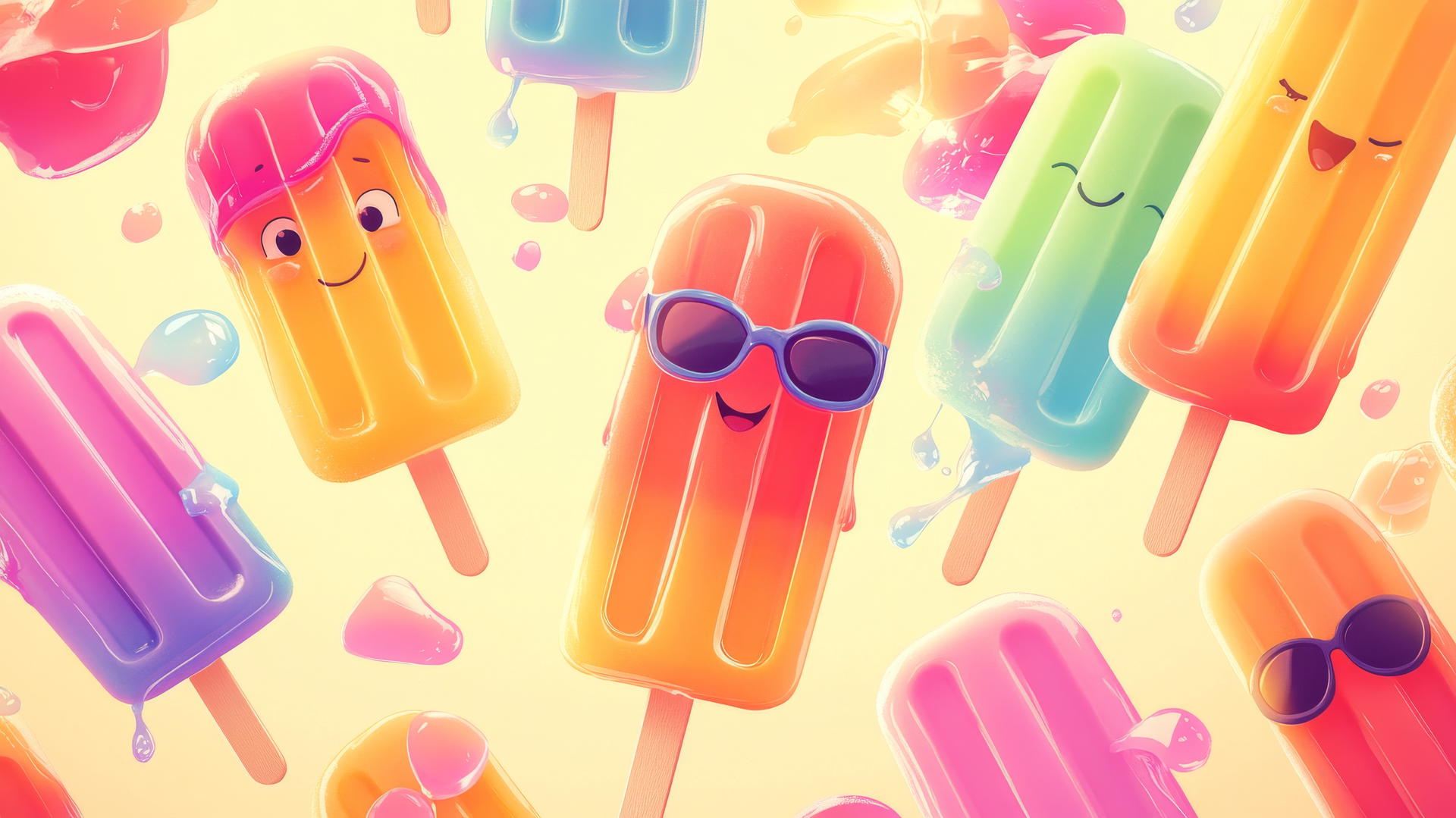 cute summer wallpaper with cartoon popsicles, smiles, and sunglasses under sun