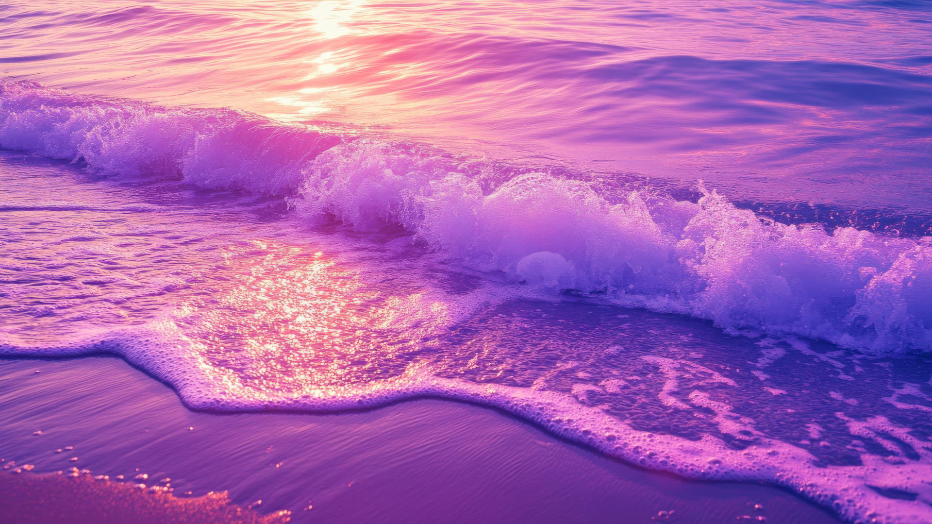 aesthetic purple wallpaper with soft purple waves at pastel beach at sunset