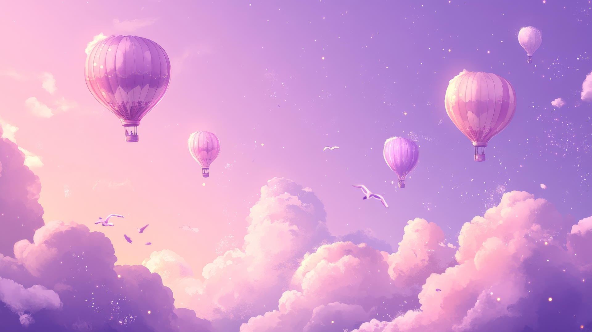 cute purple aesthetic wallpaper with hot air balloons, fluffy clouds, and tiny birds