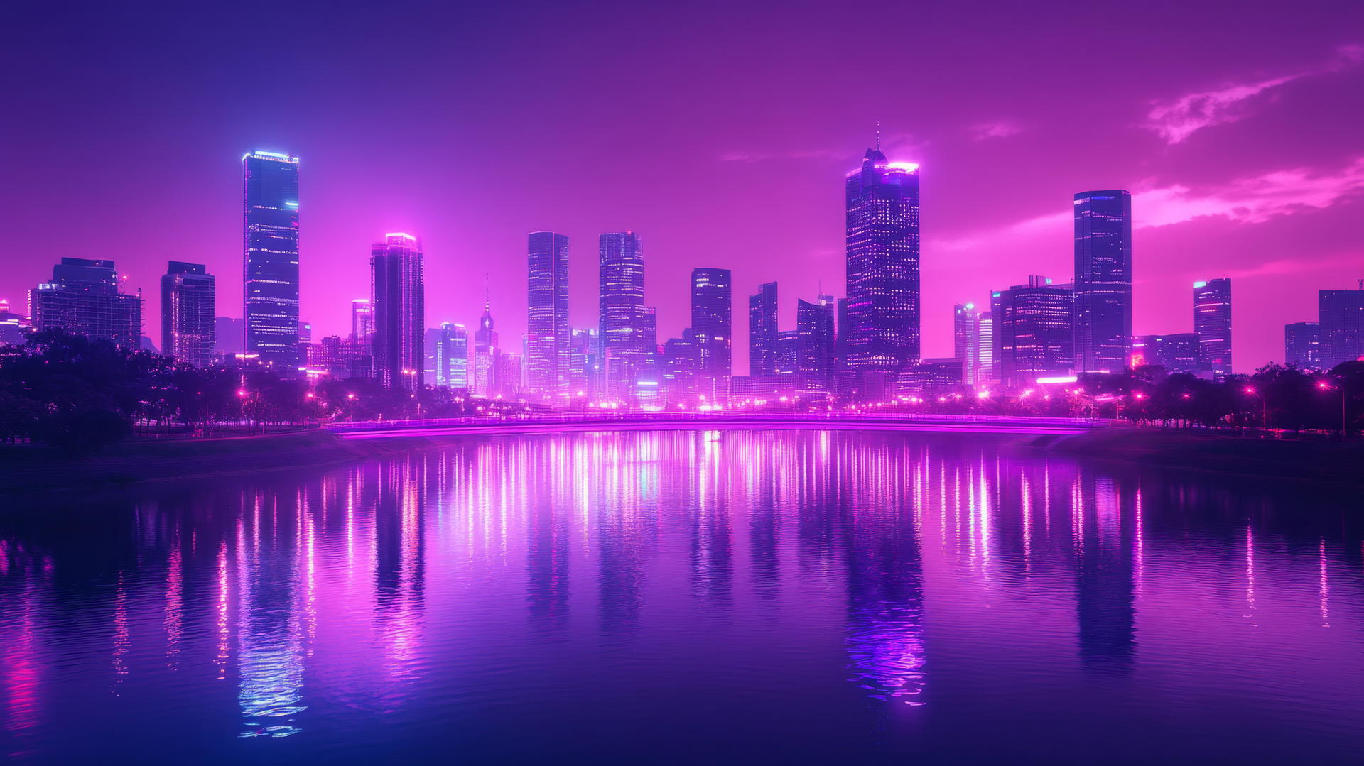 neon purple city skyline reflected in a calm river, shimmering lights and glowing bridges