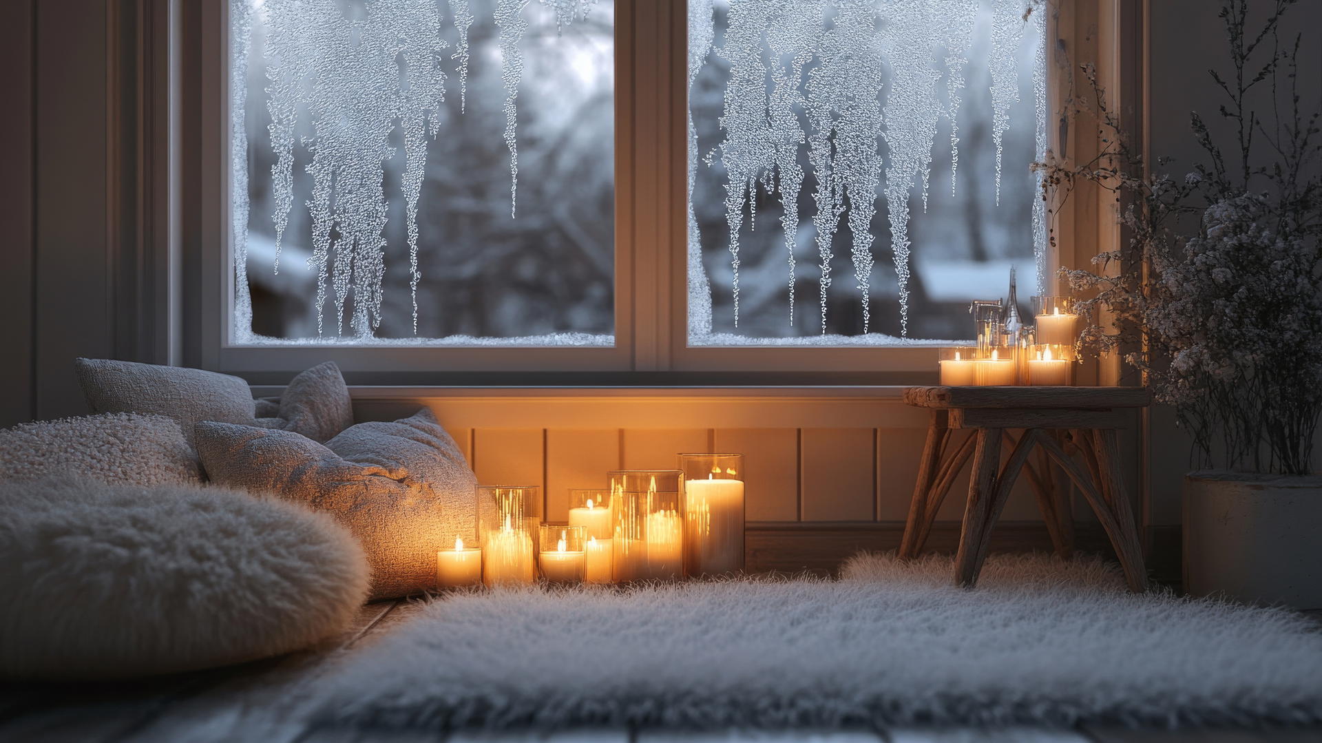 aesthetic winter wallpaper featuring Scandinavian-inspired interior with wooden furniture and soft candlelight