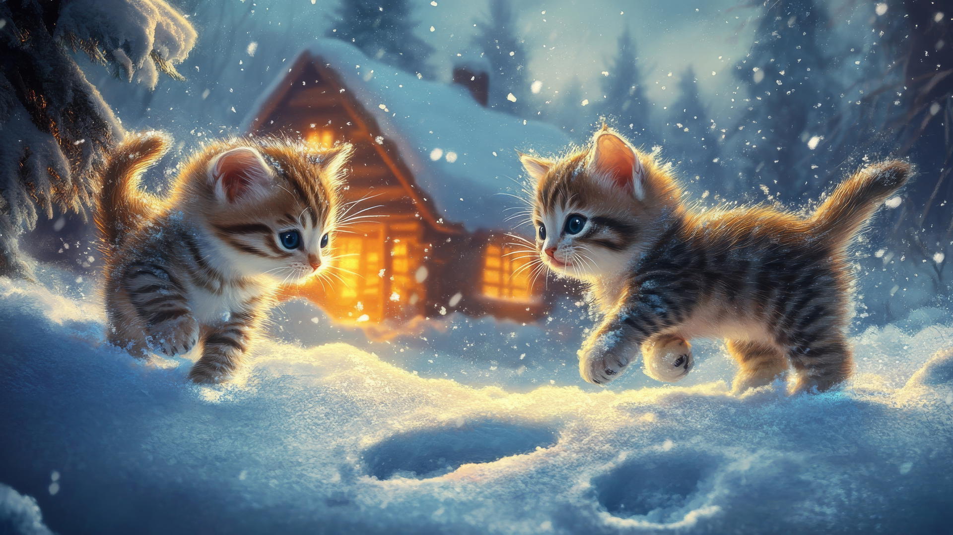 cute winter wallpaper with kittens playing in the snow near a cozy cabin