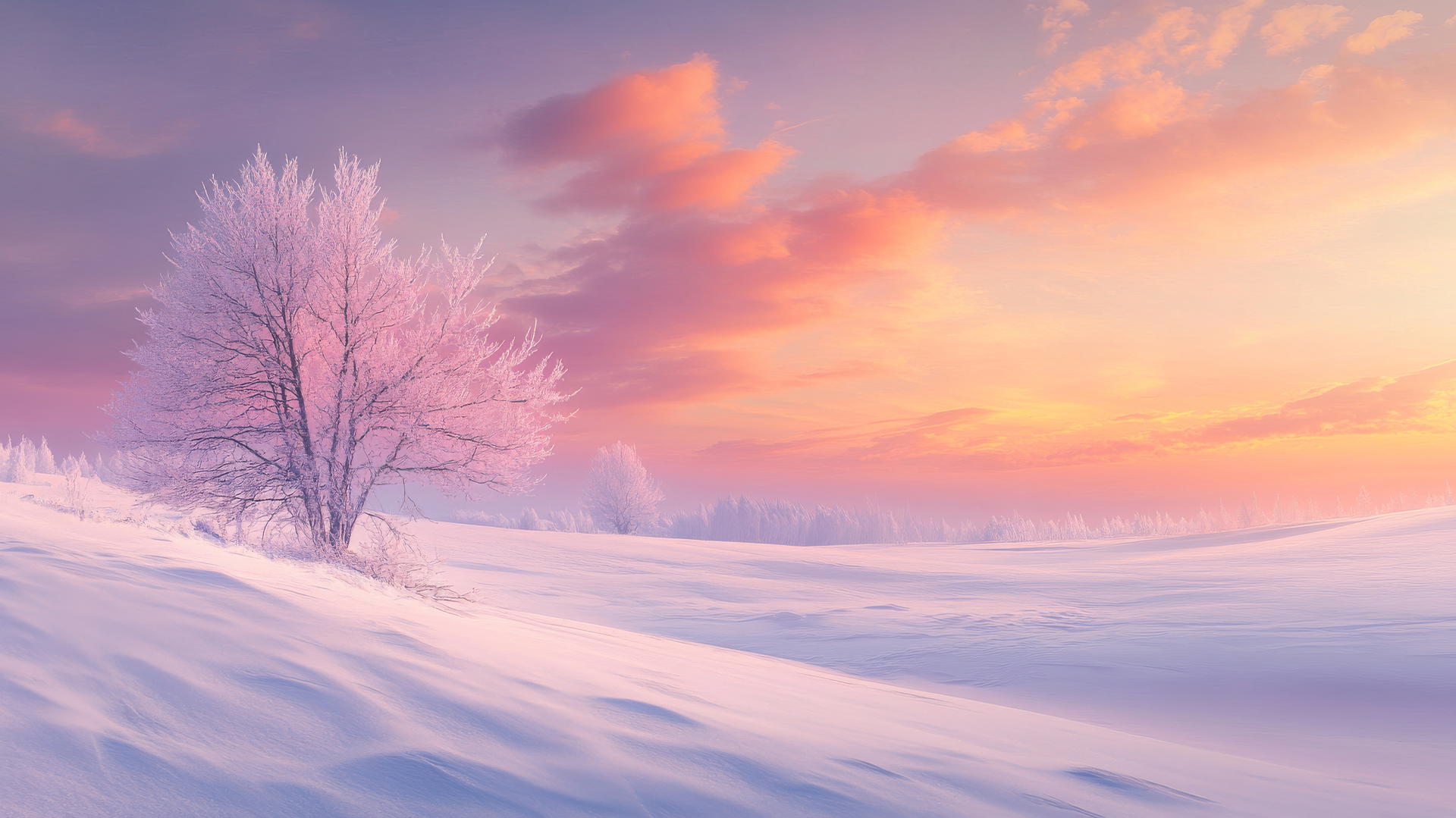 beautiful winter wallpaper with pastel-hued sunset over snow-covered meadow