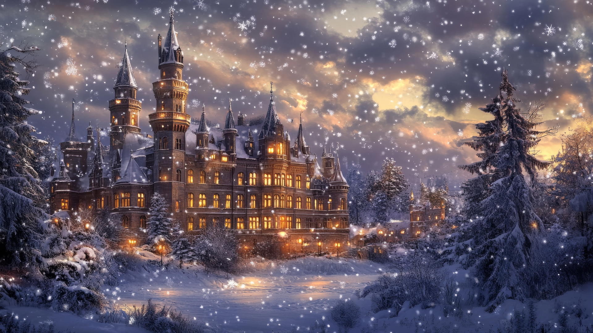 beautiful winter wallpaper with a grand European-style castle, glowing windows, and softly falling snowflakes