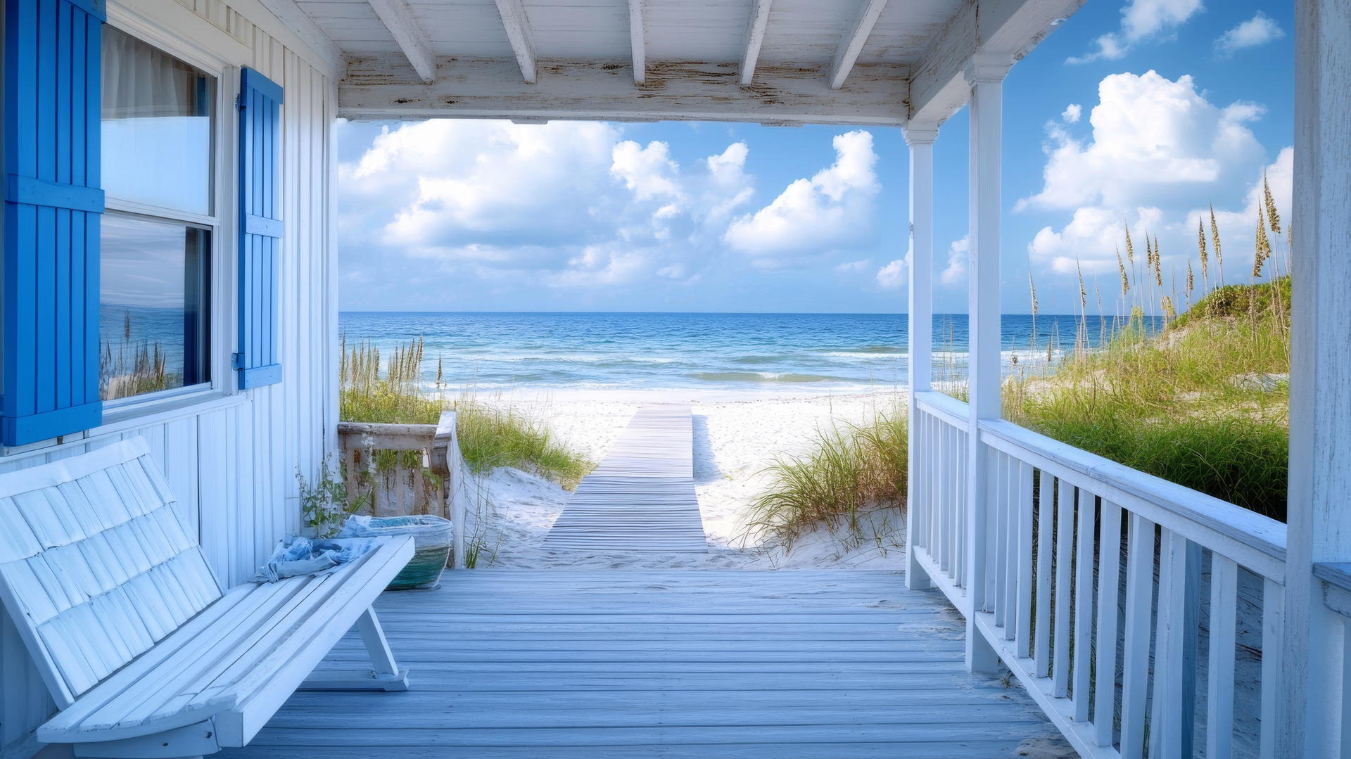 Classic coastal beach house wallpaper with blue accents and ocean view