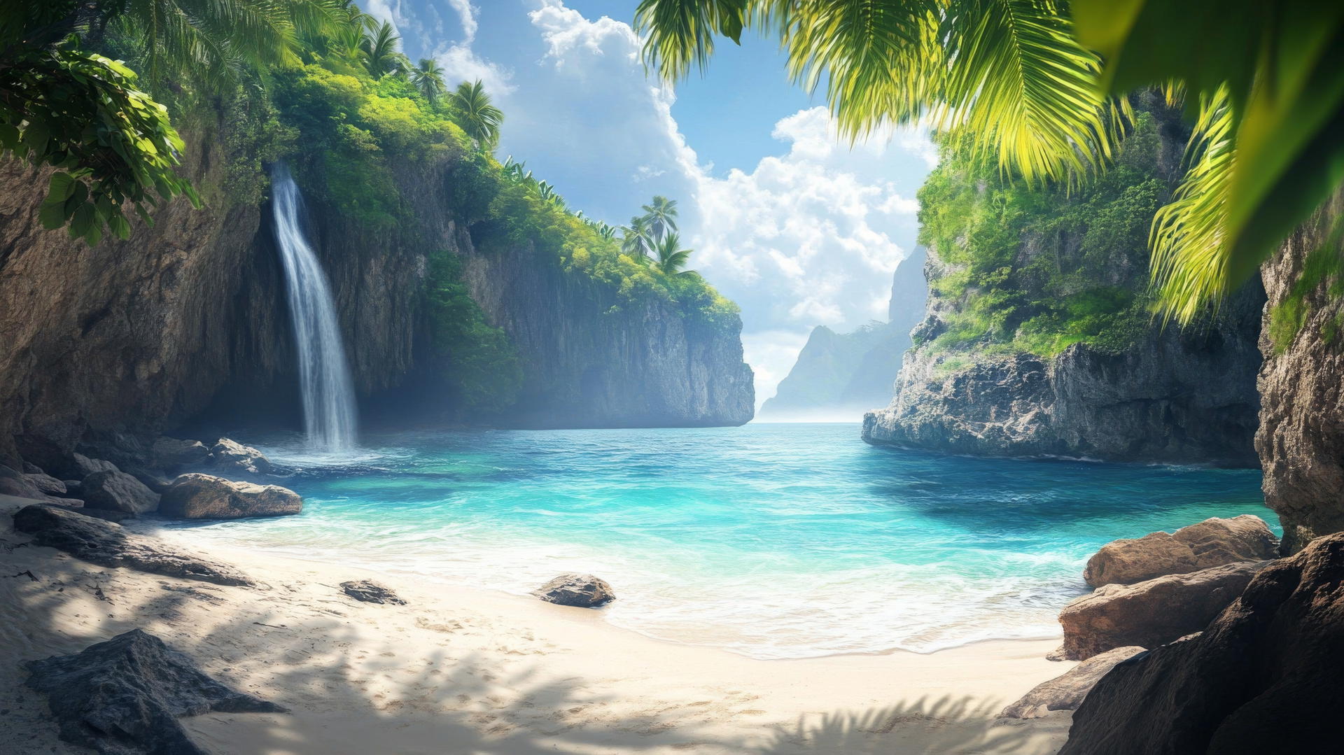 Tropical beach wallpaper with cliffs, white sand, blue water, and distant waterfall.