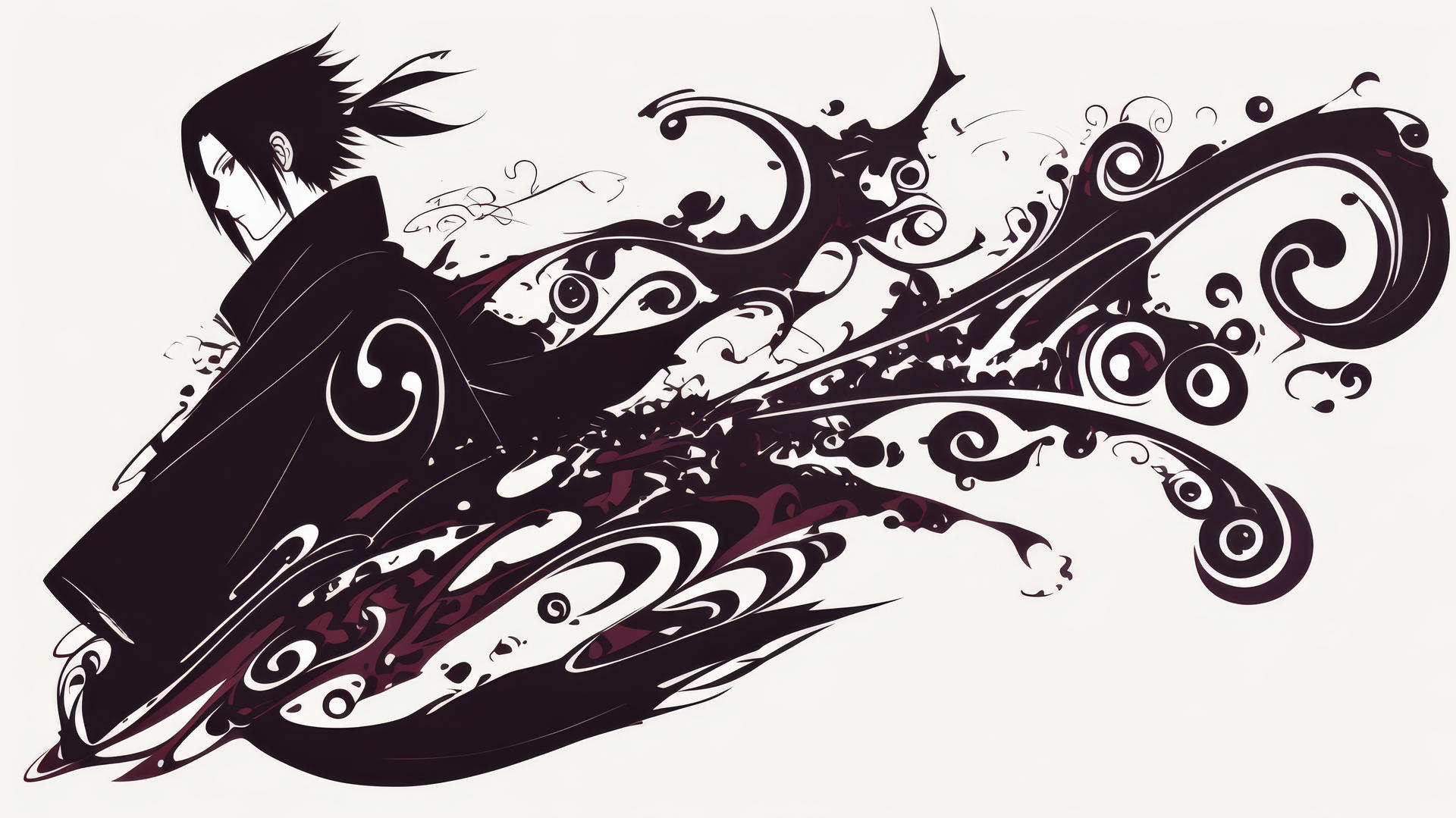 tribal tattoo-inspired Itachi Uchiha drawing with intricate swirling black lines