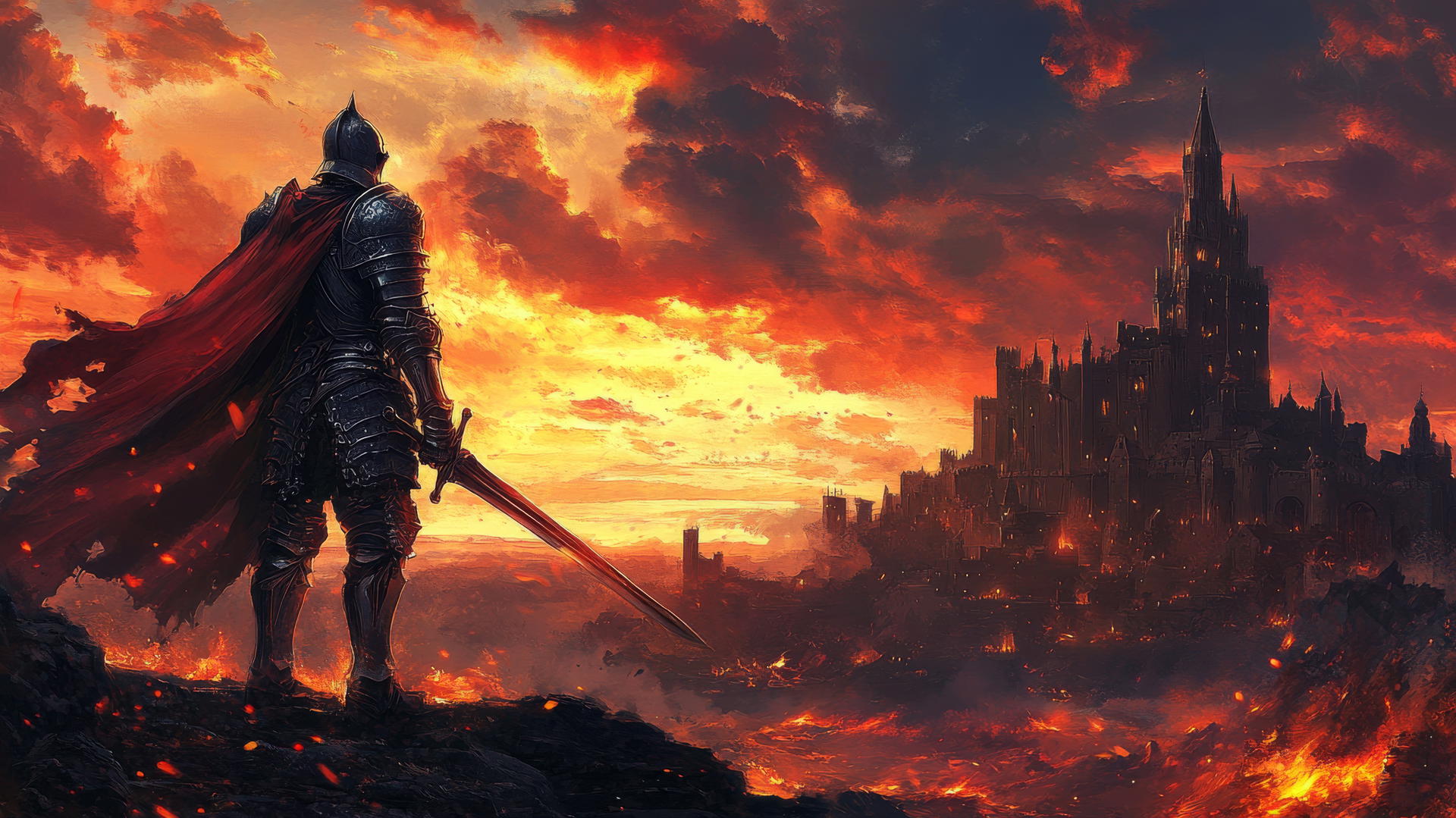 A heroic knight in shining armor on a battlefield at sunset, cool wallpapers for boys