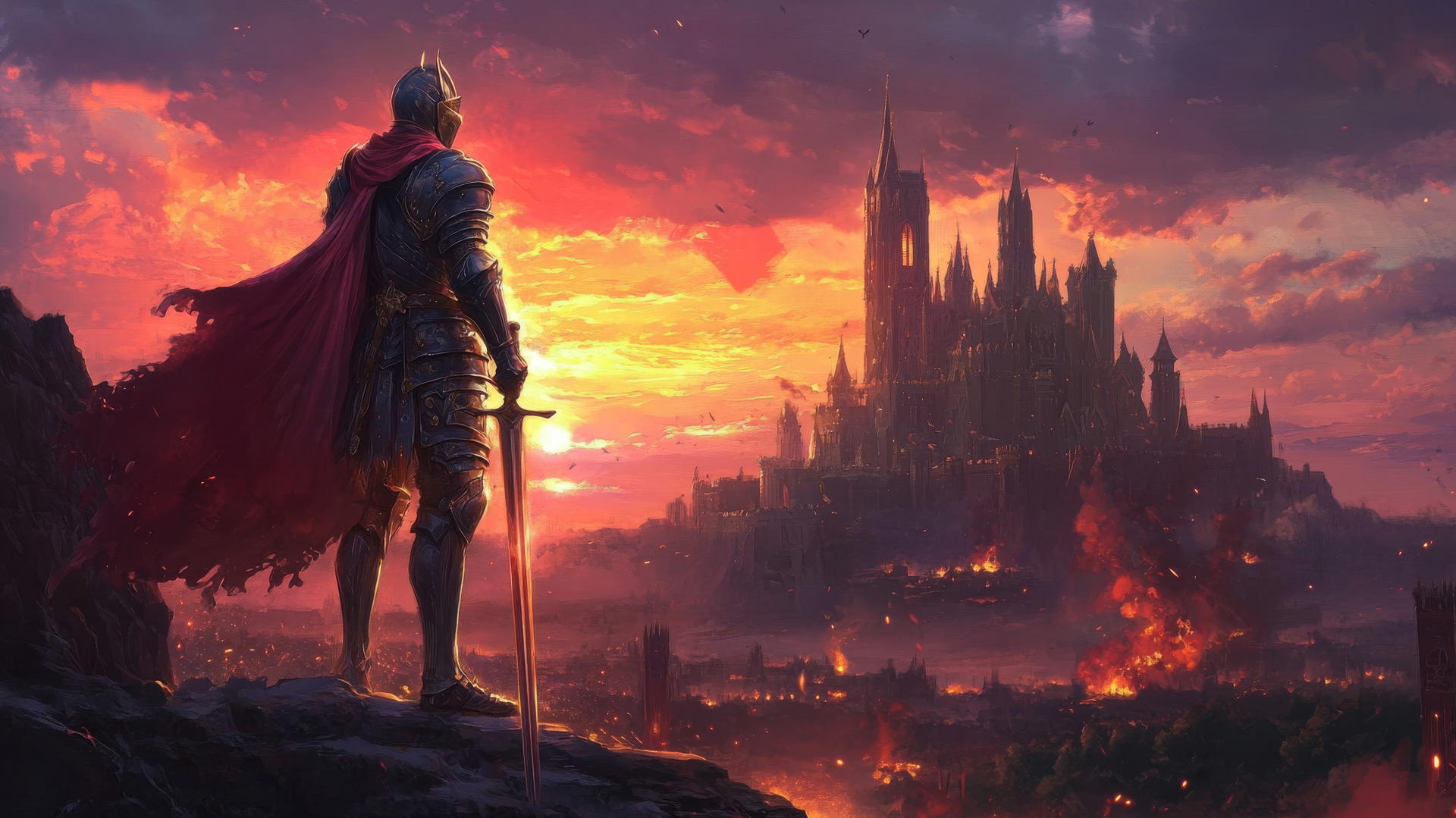 A heroic knight in shining armor on a battlefield, fiery sunset, and castles in background, cool wallpapers for boys.