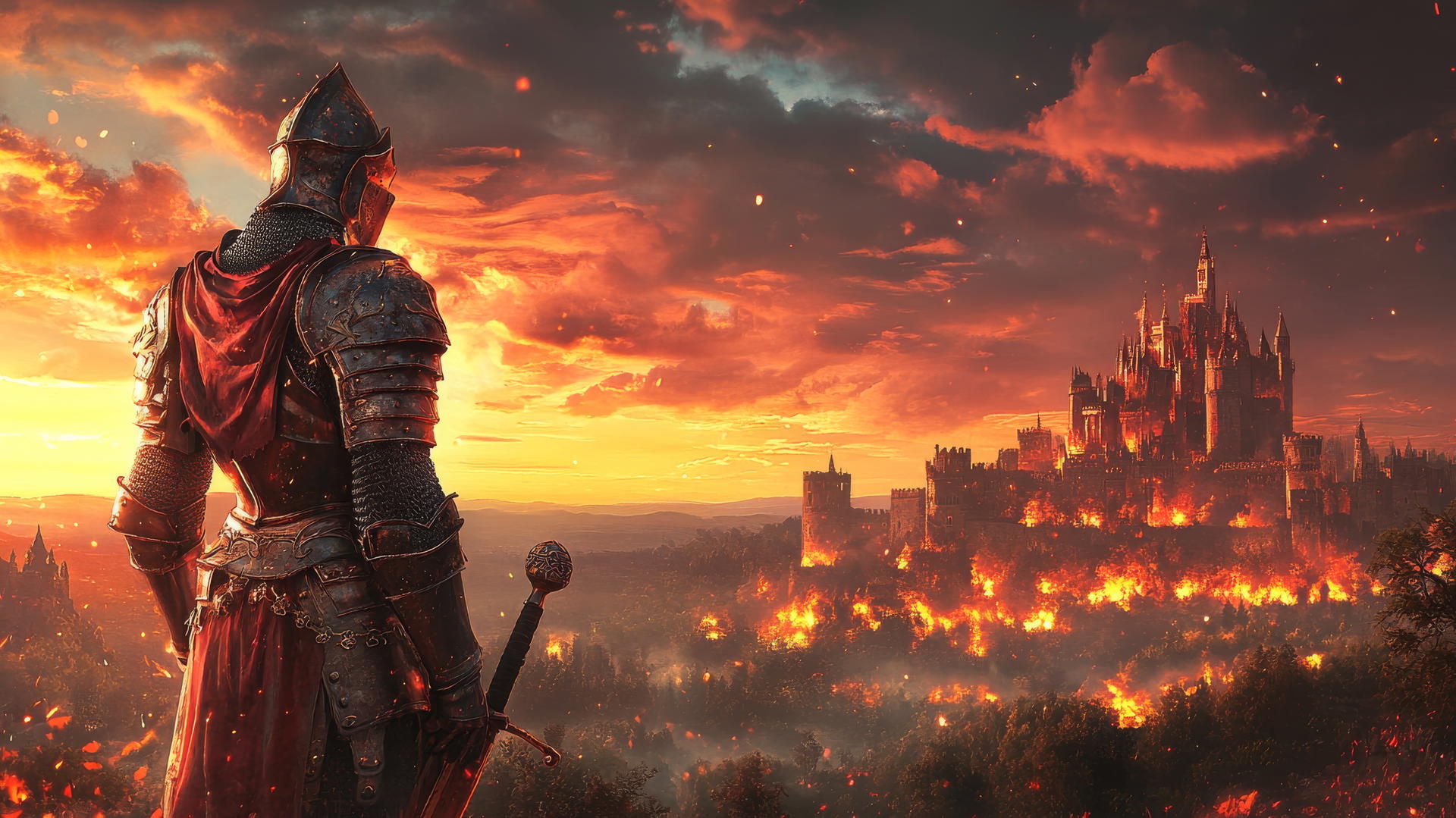 heroic knight in shining armor on battlefield with fiery sunset and castles, cool wallpapers for boys