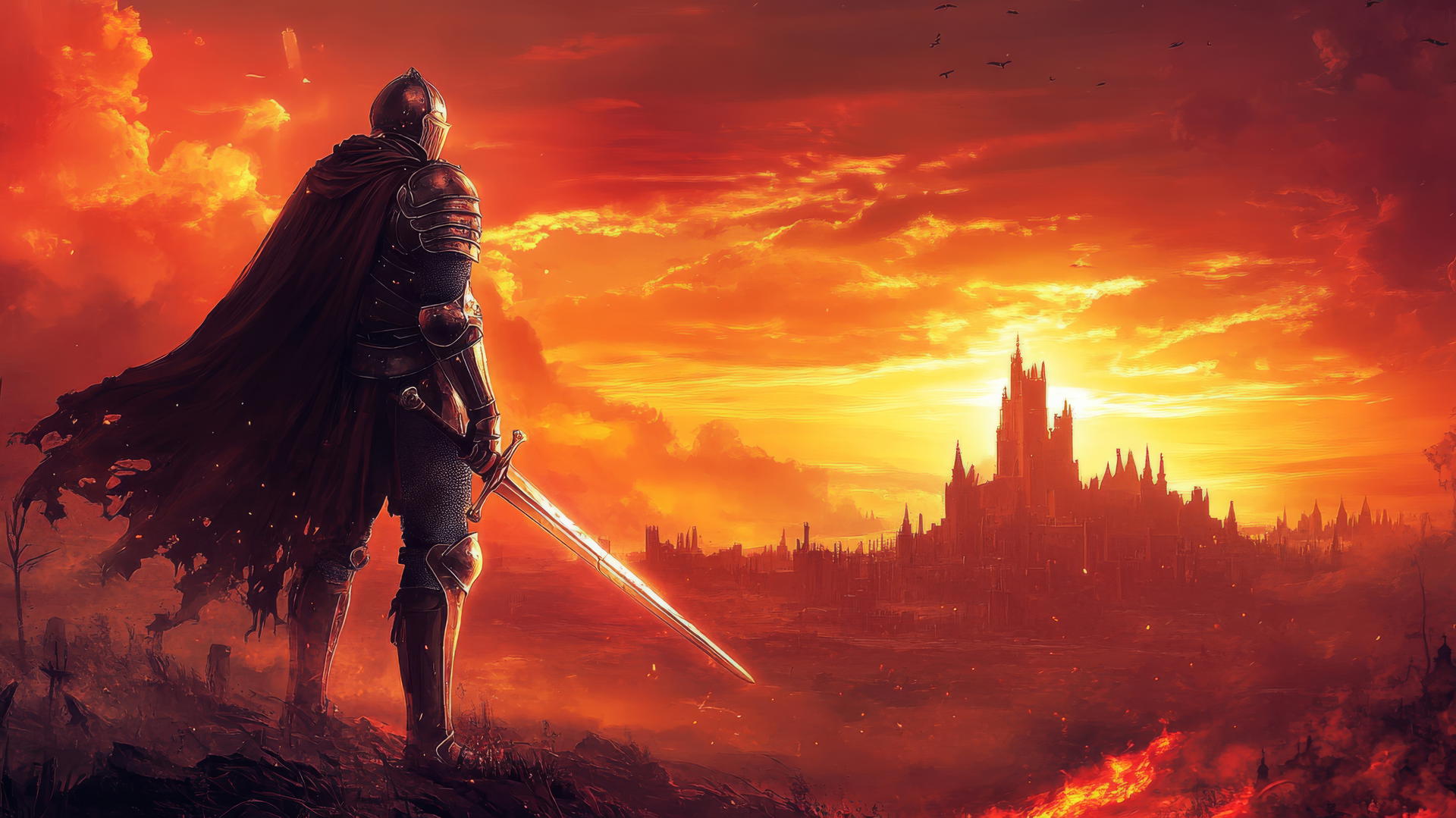 A heroic knight in shining armor with a fiery sunset and castles, cool wallpapers for boys